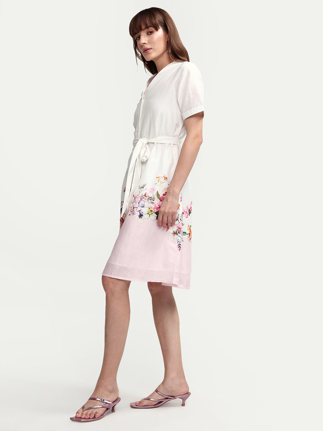 Rareism Women's Cilian White Cotton Blend Half Sleeve A-Line Floral Print Dress