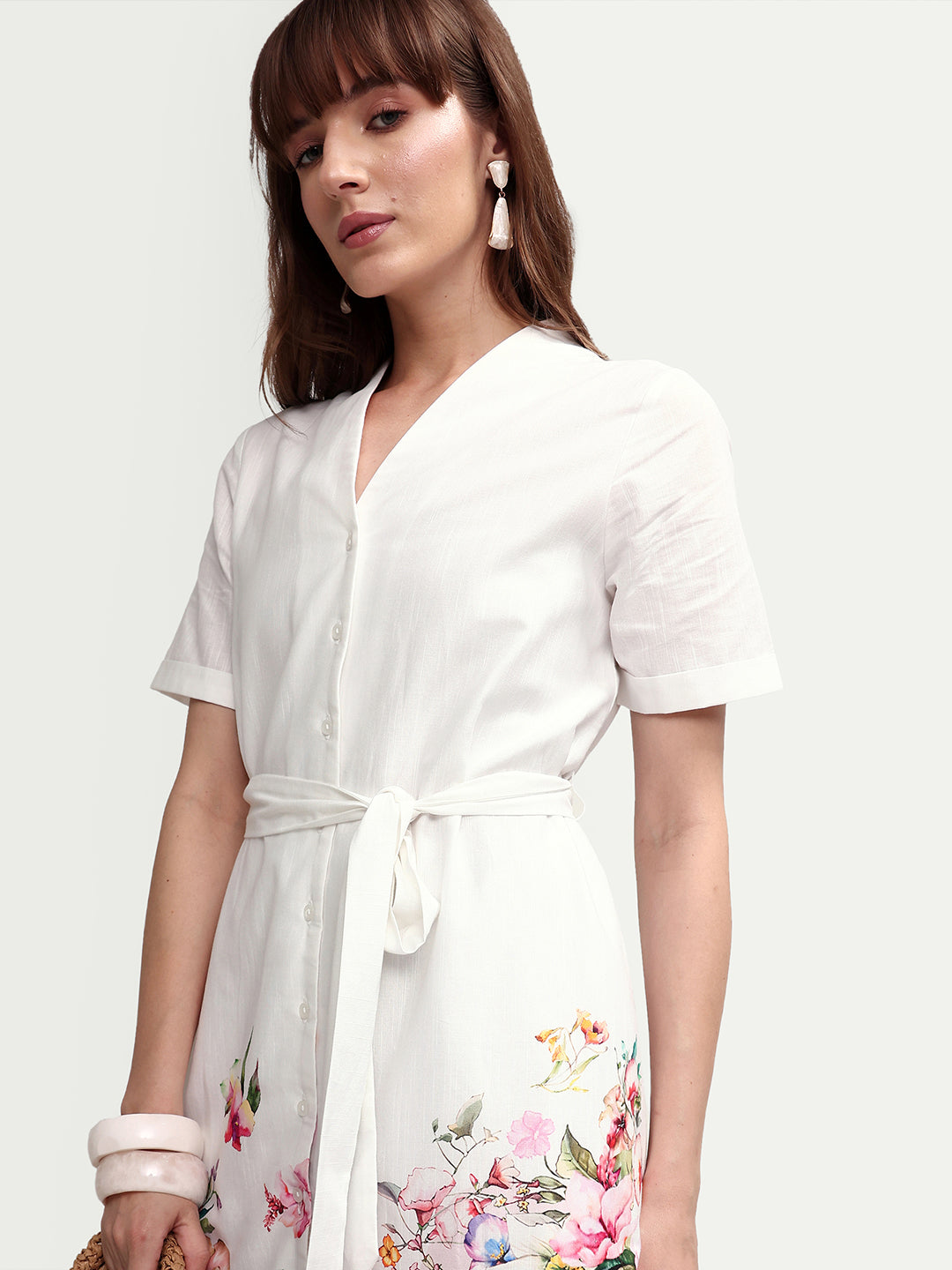 Rareism Women's Cilian White Cotton Blend Half Sleeve A-Line Floral Print Dress