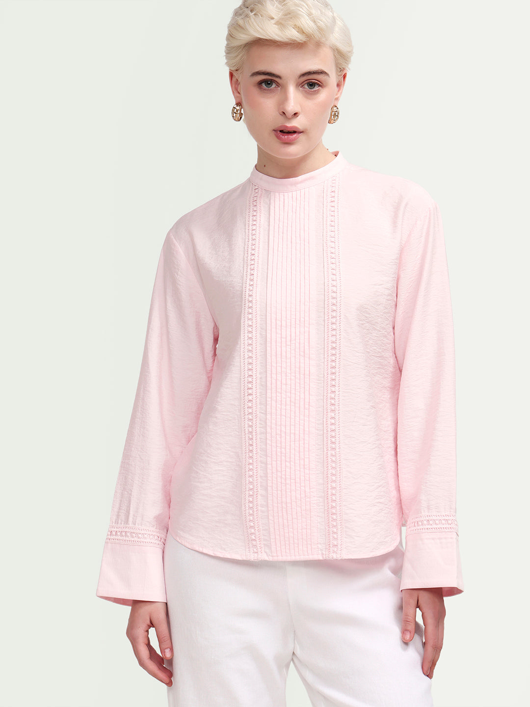 Rareism Women's Cilu Light Pink Viscose Blend Full Sleeve Relaxed Fit Plain Top