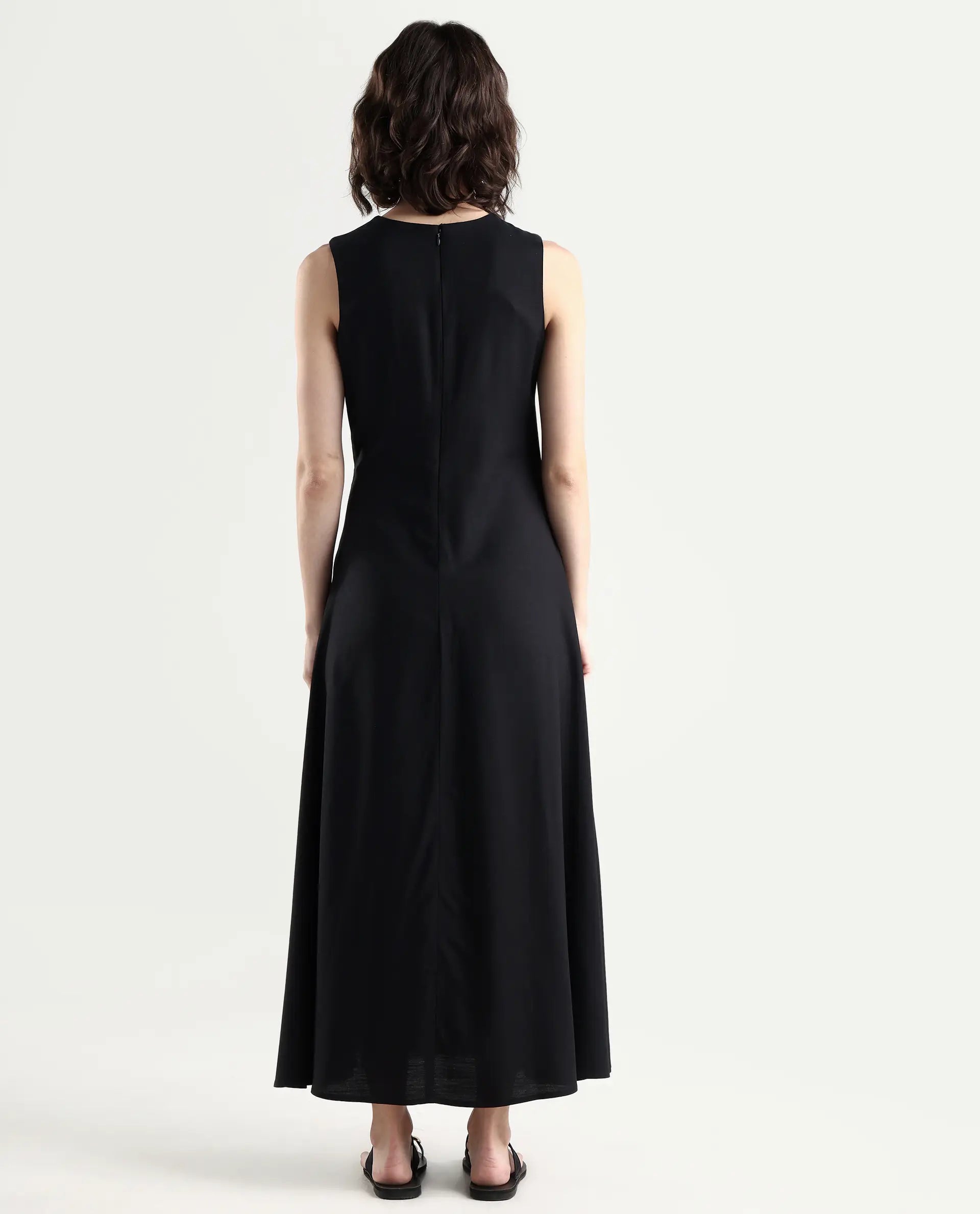 Rareism Women's Clasero Black Viscose Blend Sleeveless A-Line Plain Dress