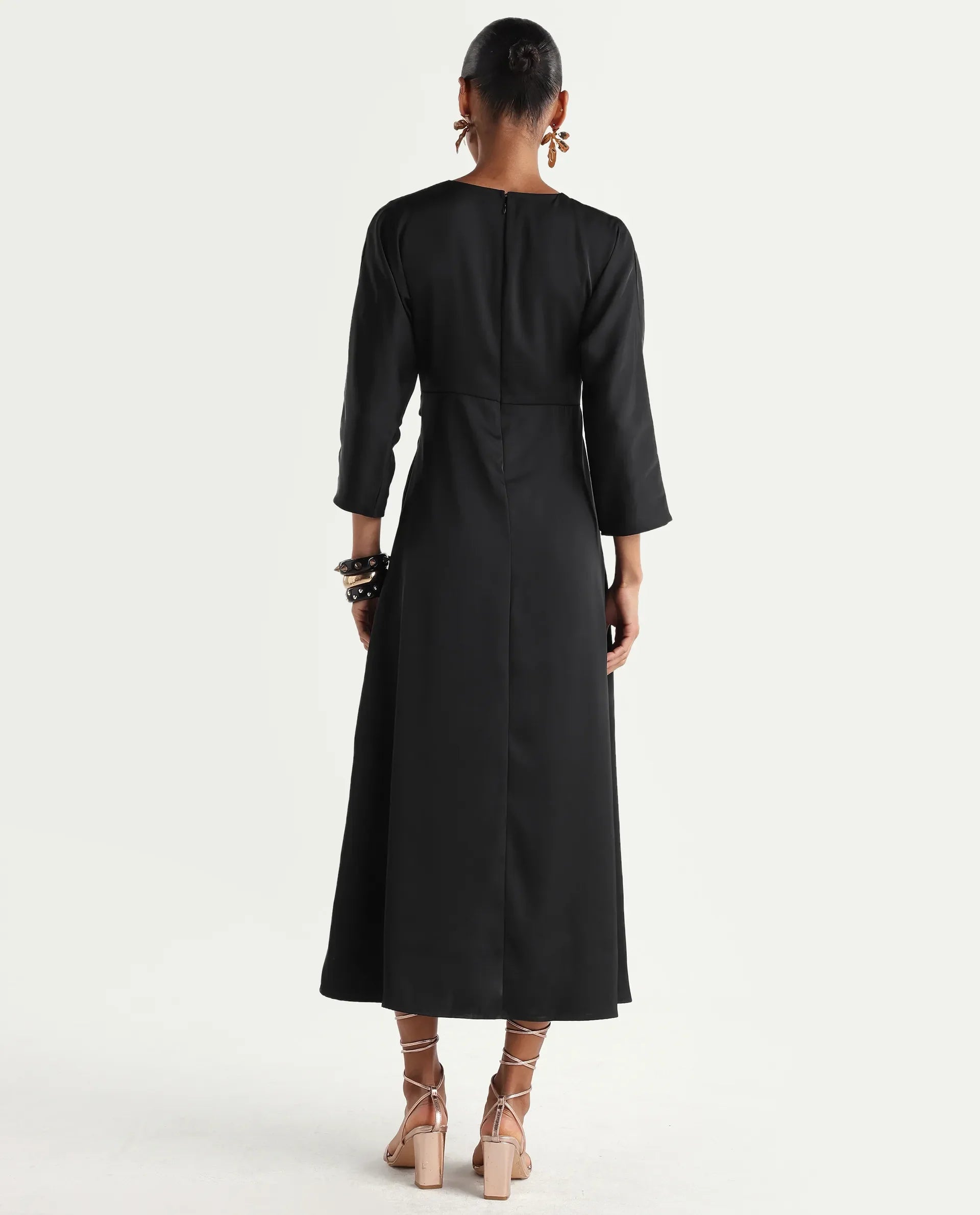 Rareism Women's Cleah Black Polyester 3/4Th Sleeve Flared Plain Dress