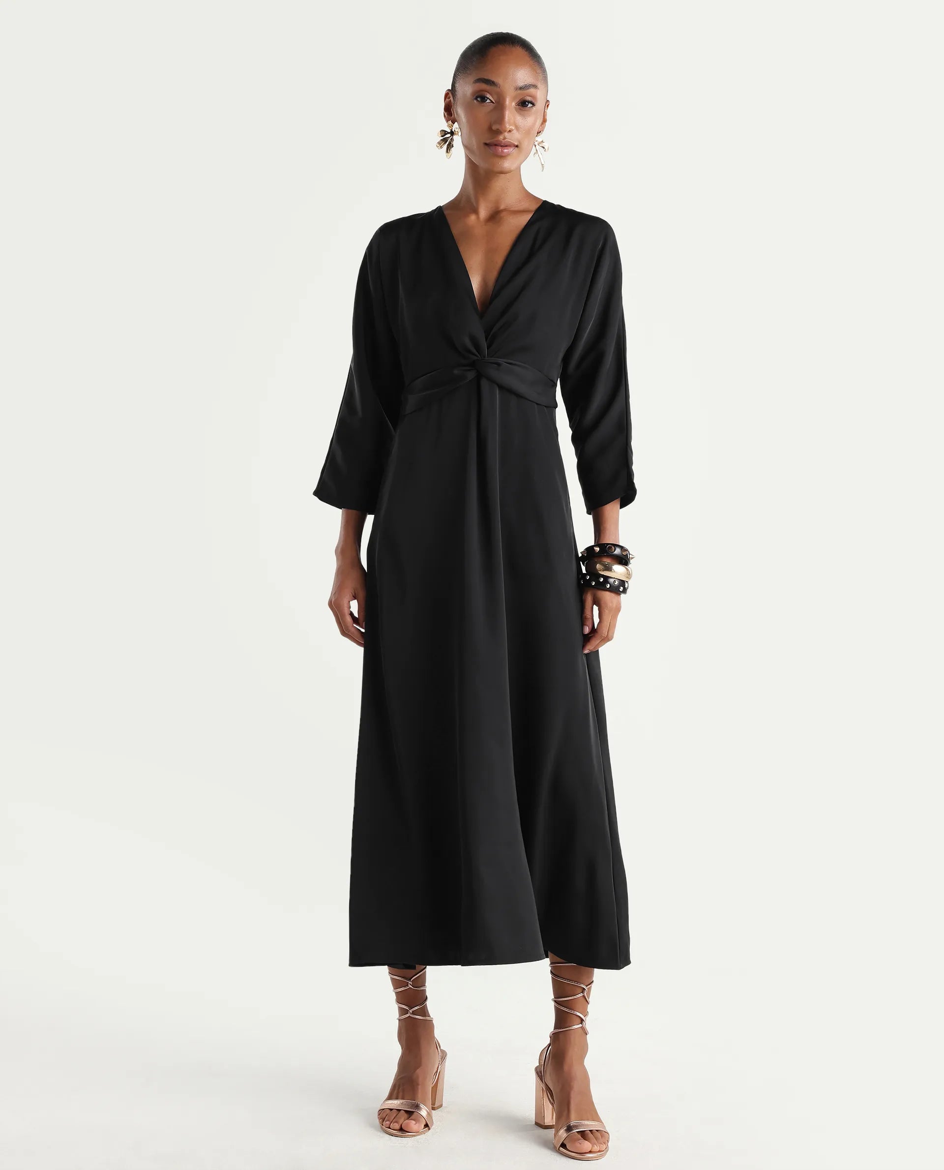 Rareism Women's Cleah Black Polyester 3/4Th Sleeve Flared Plain Dress