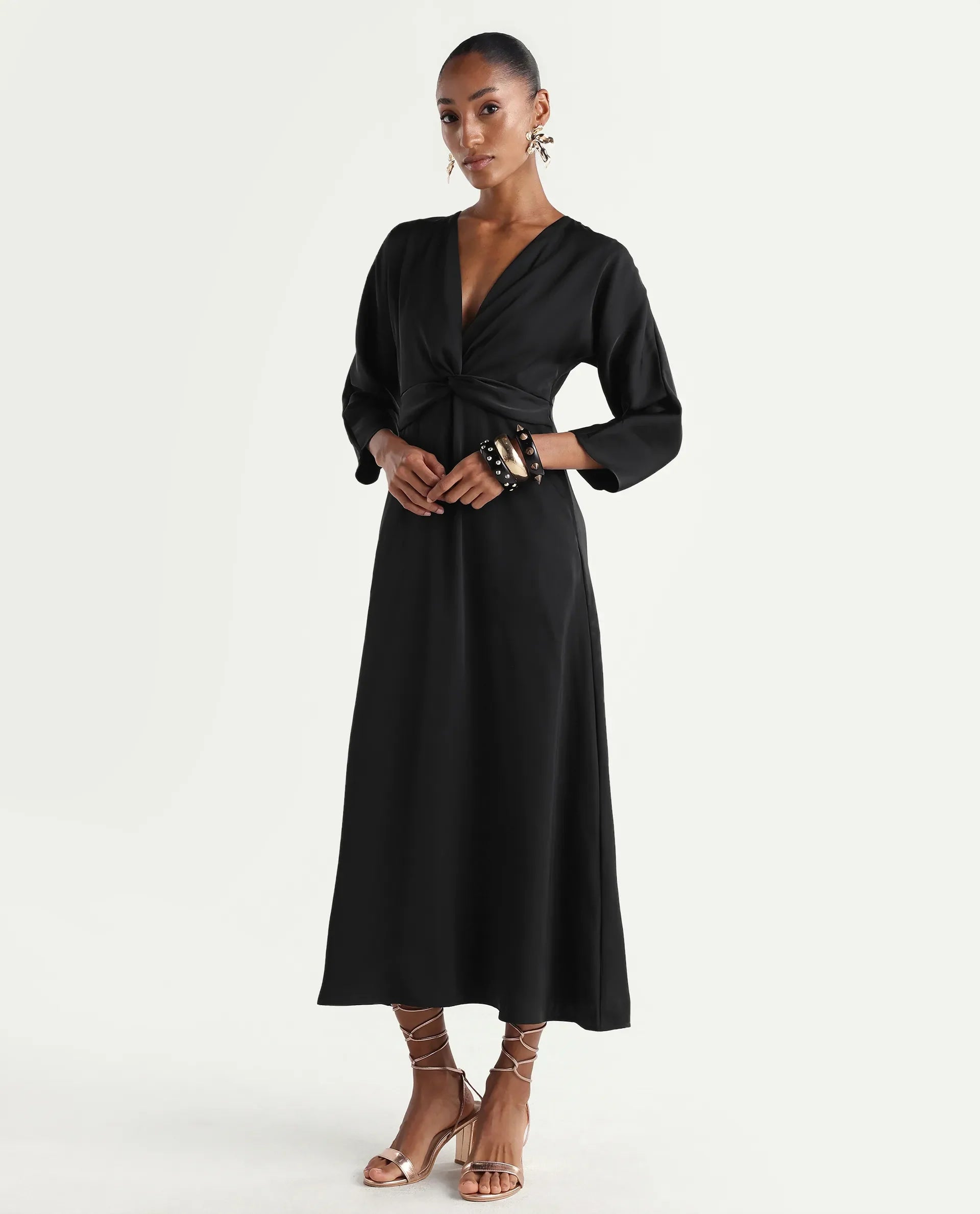 Rareism Women's Cleah Black Polyester 3/4Th Sleeve Flared Plain Dress