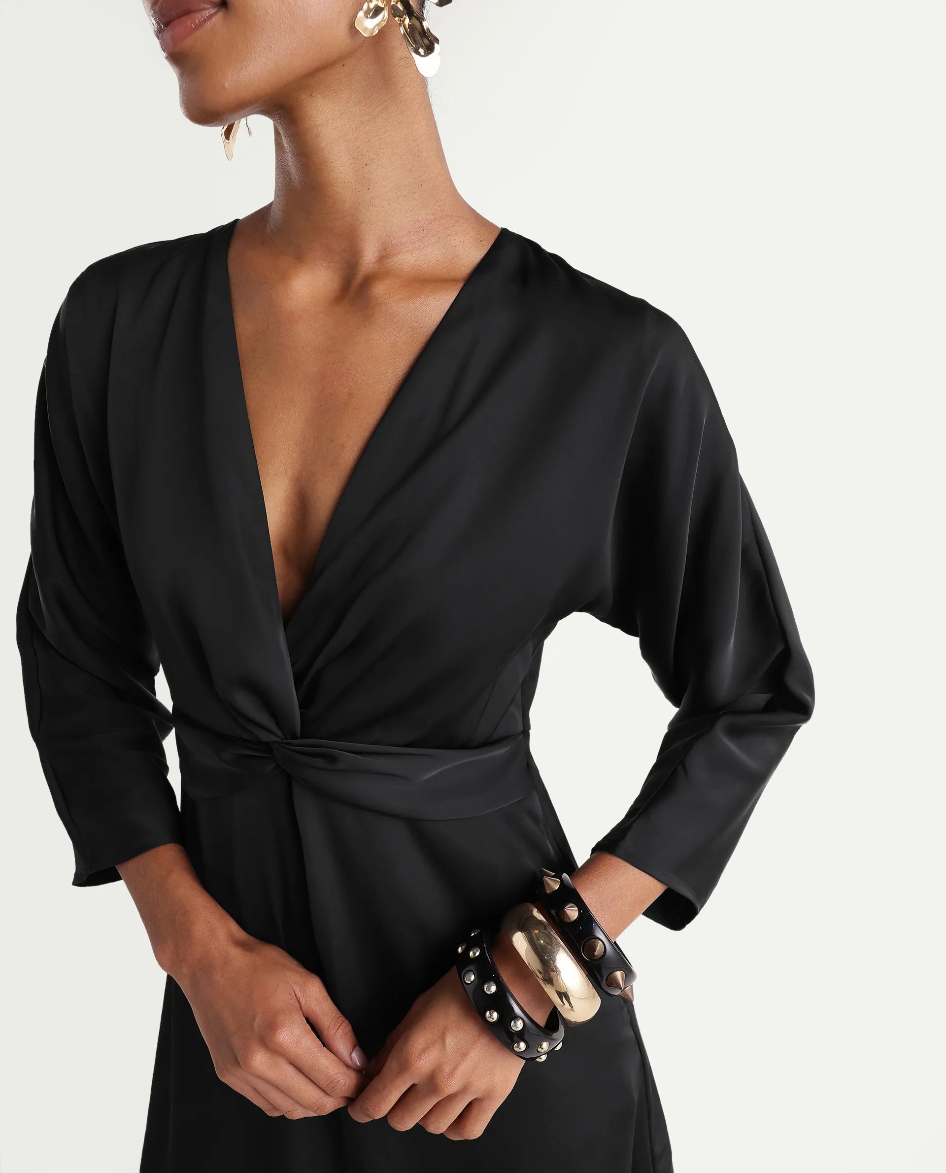 Rareism Women's Cleah Black Polyester 3/4Th Sleeve Flared Plain Dress