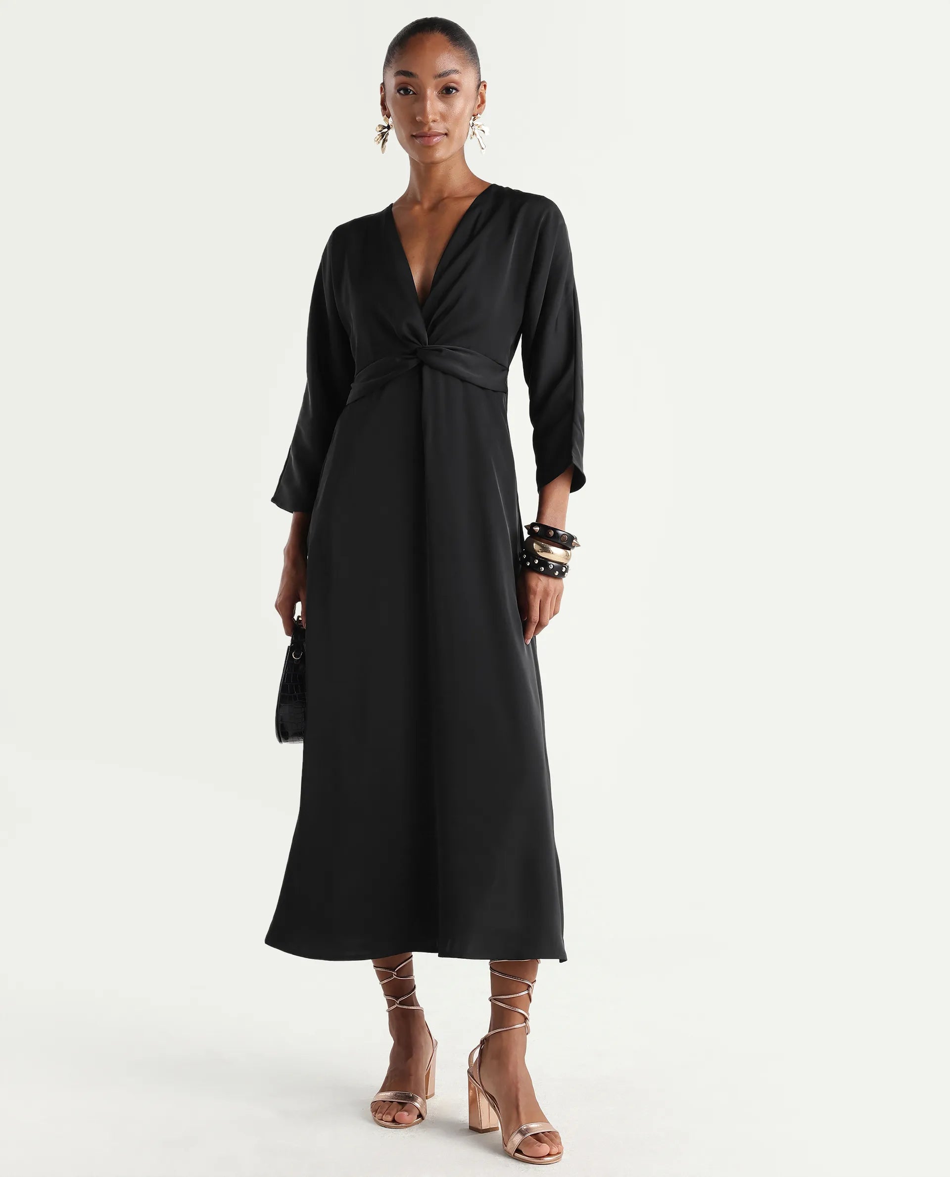 Rareism Women's Cleah Black Polyester 3/4Th Sleeve Flared Plain Dress