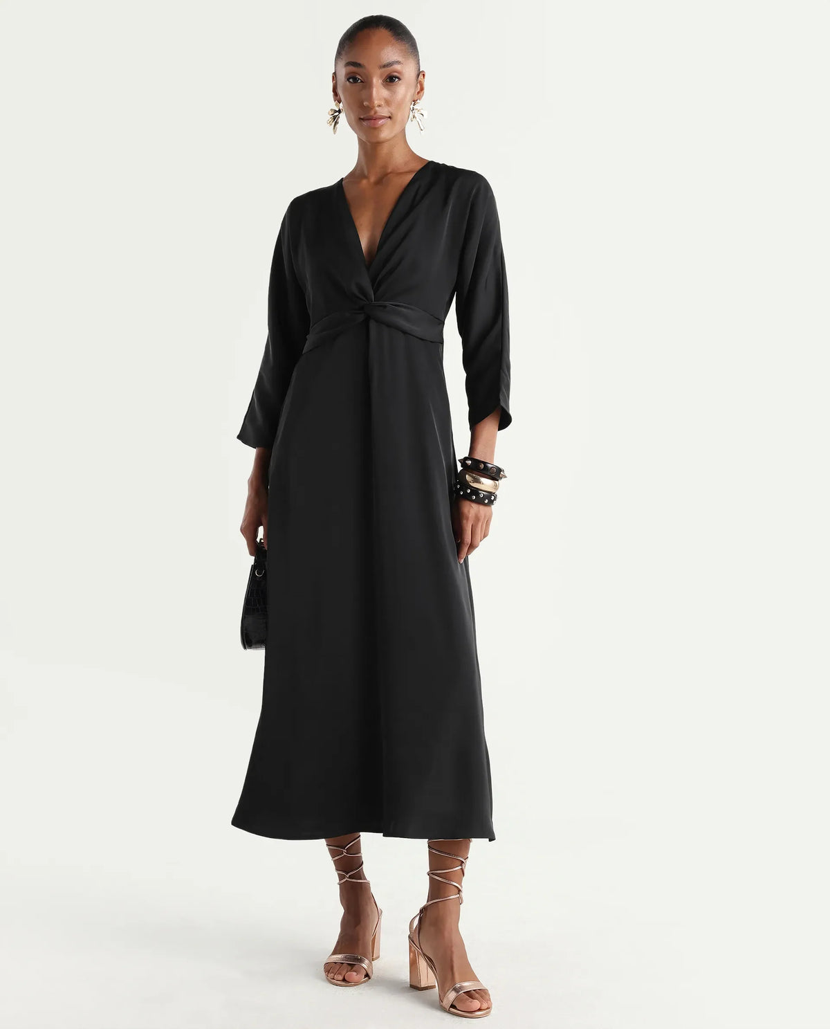 Rareism Women's Cleah Black Polyester 3/4Th Sleeve Flared Plain Dress