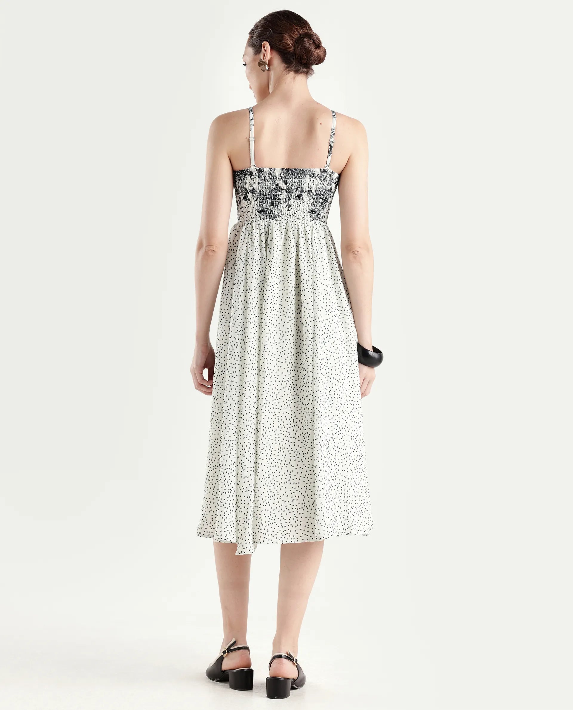 Rareism Women's Clora Off White Polyester Sleeveless Fit And Flare Floral Print Dress