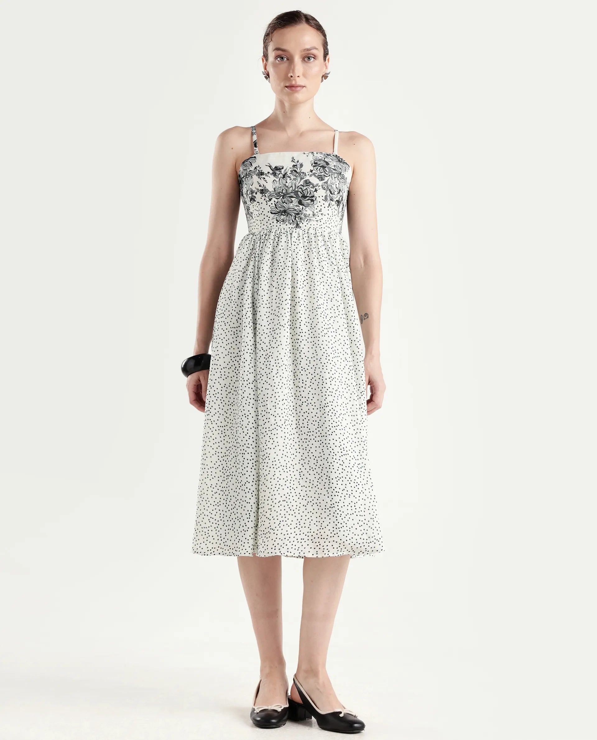 Rareism Women's Clora Off White Polyester Sleeveless Fit And Flare Floral Print Dress