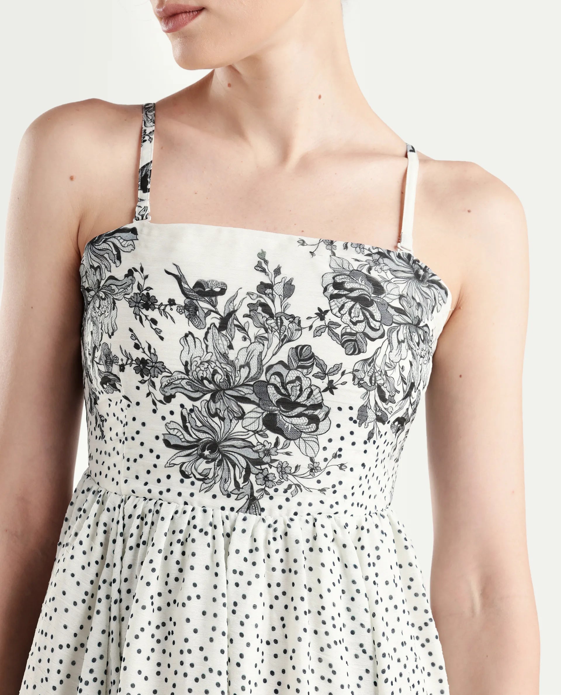 Rareism Women's Clora Off White Polyester Sleeveless Fit And Flare Floral Print Dress