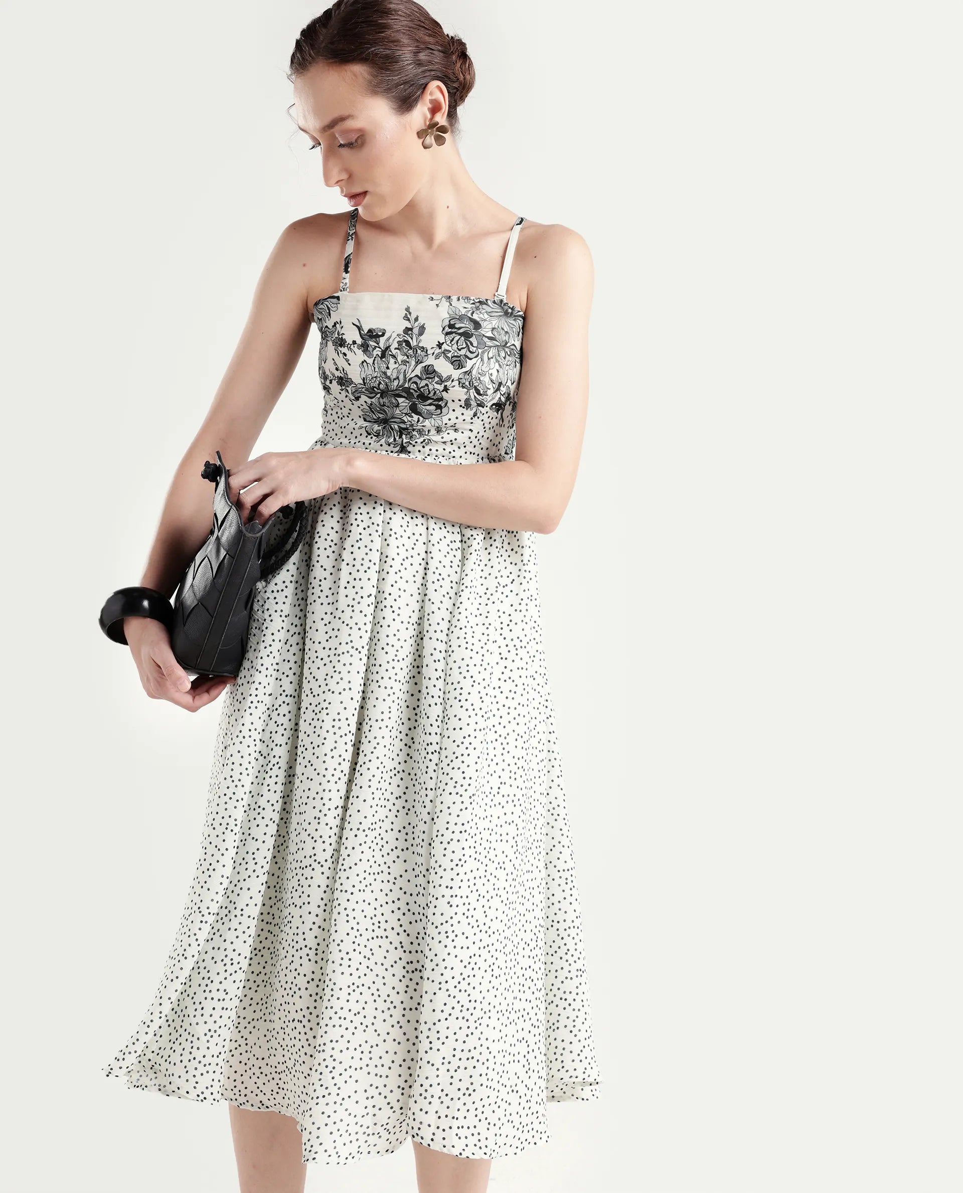 Rareism Women's Clora Off White Polyester Sleeveless Fit And Flare Floral Print Dress