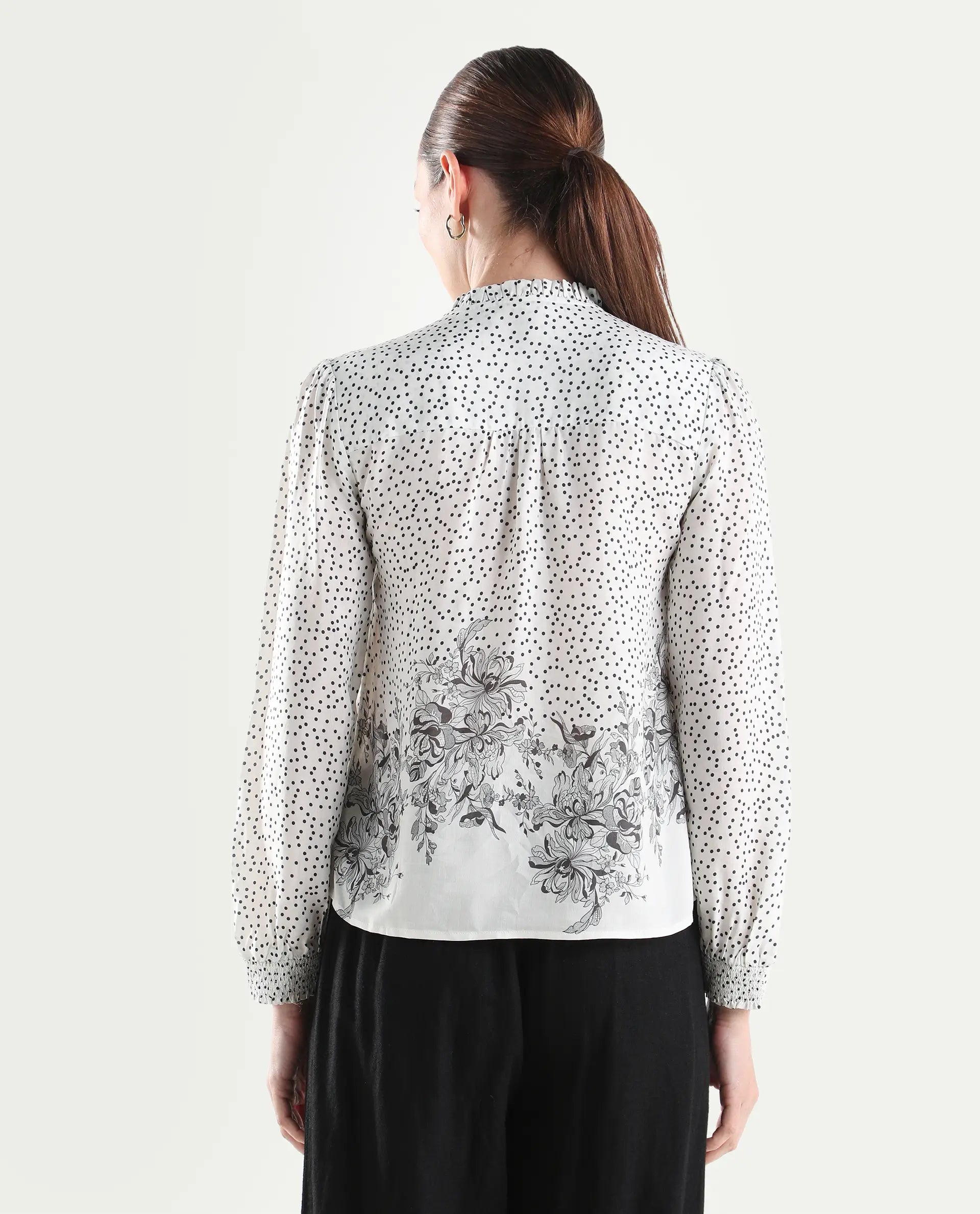 Rareism Women's Coco Off White Viscose Blend Full Sleeve Relaxed Fit Floral Print Top