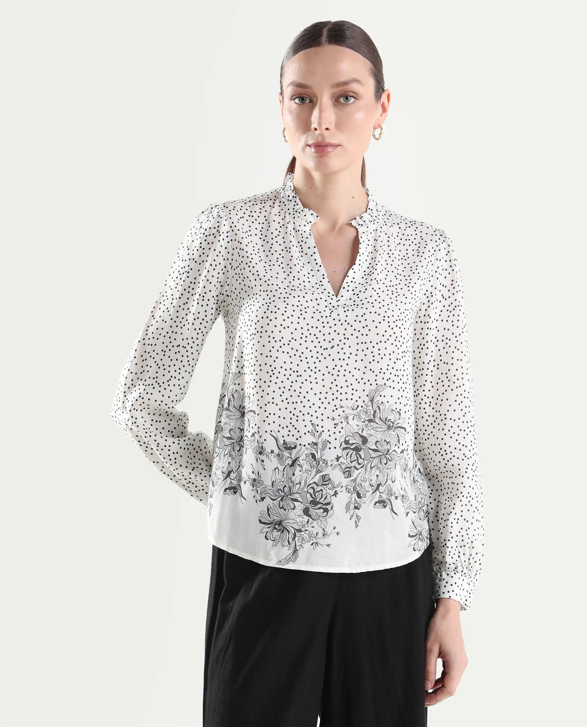Rareism Women's Coco Off White Viscose Blend Full Sleeve Relaxed Fit Floral Print Top