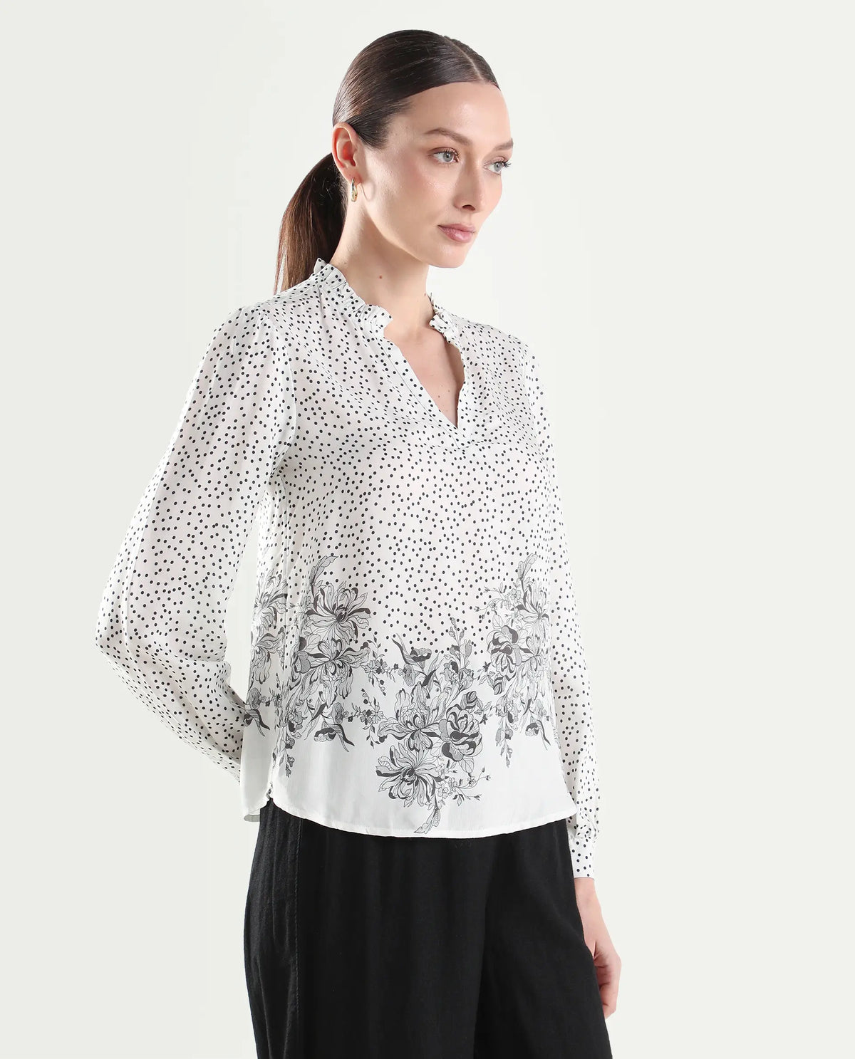 Rareism Women's Coco Off White Viscose Blend Full Sleeve Relaxed Fit Floral Print Top