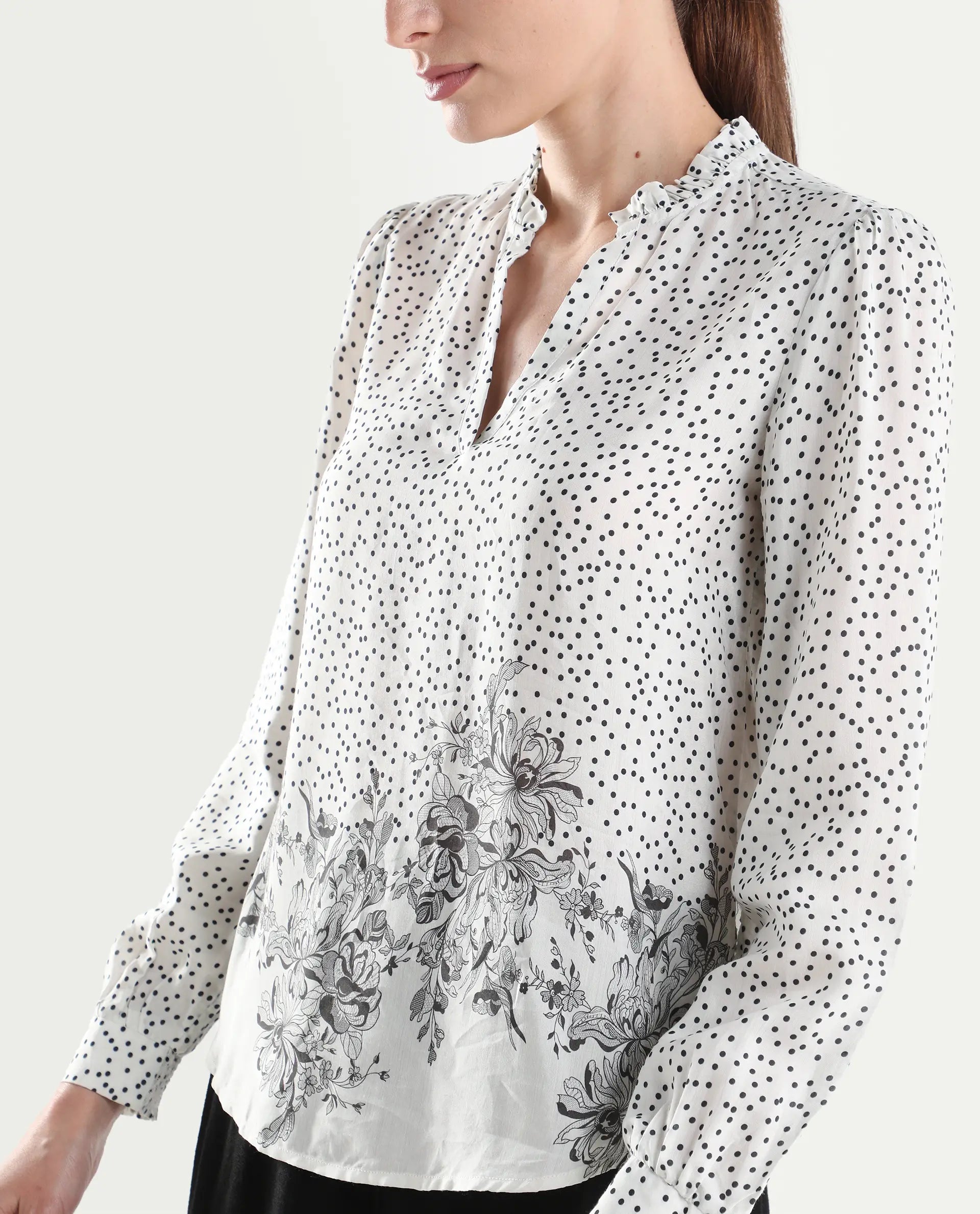 Rareism Women's Coco Off White Viscose Blend Full Sleeve Relaxed Fit Floral Print Top