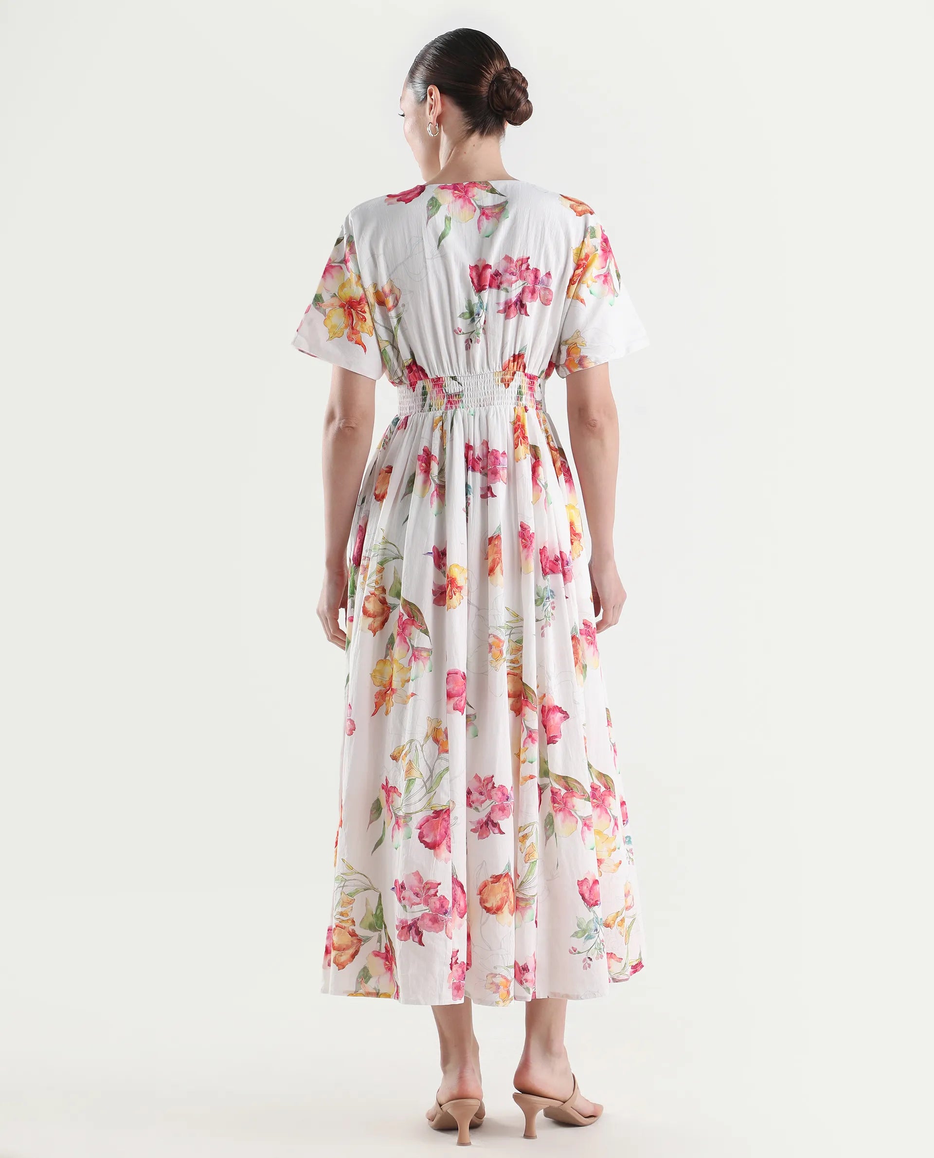 Rareism Women's Curie White Cotton Half Sleeve Fit And Flare Floral Print Dress