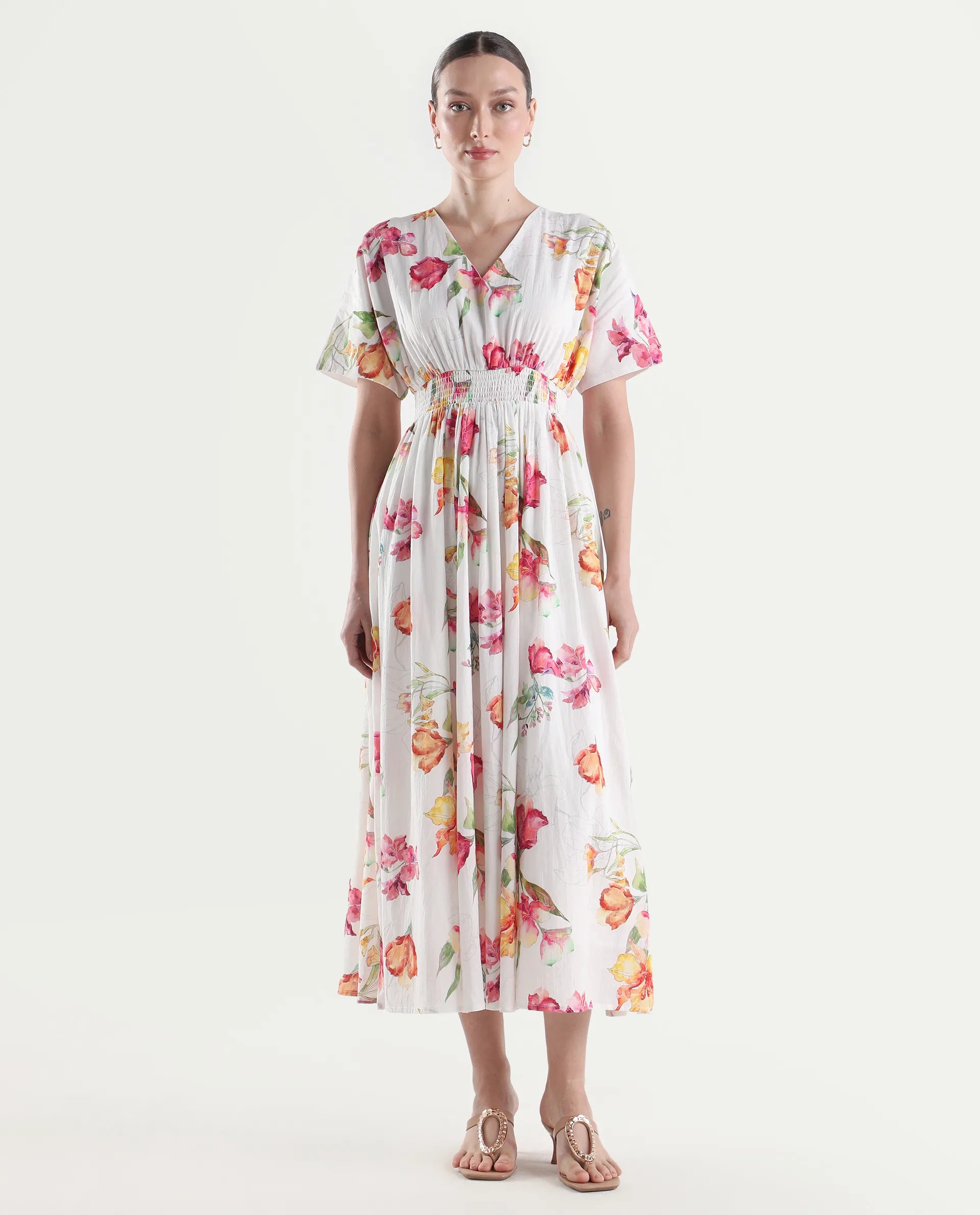 Rareism Women's Curie White Cotton Half Sleeve Fit And Flare Floral Print Dress