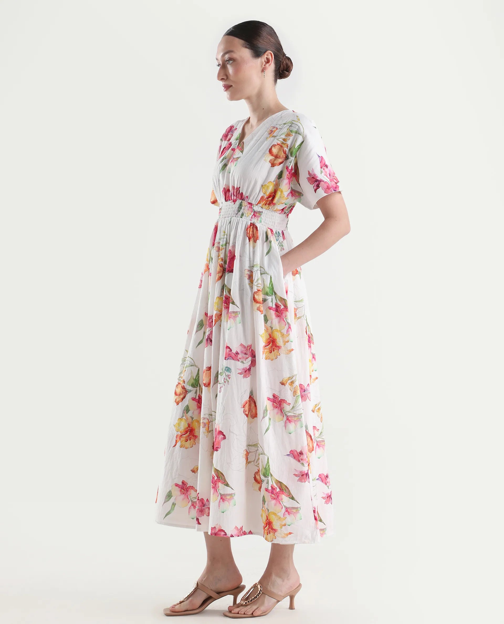 Rareism Women's Curie White Cotton Half Sleeve Fit And Flare Floral Print Dress