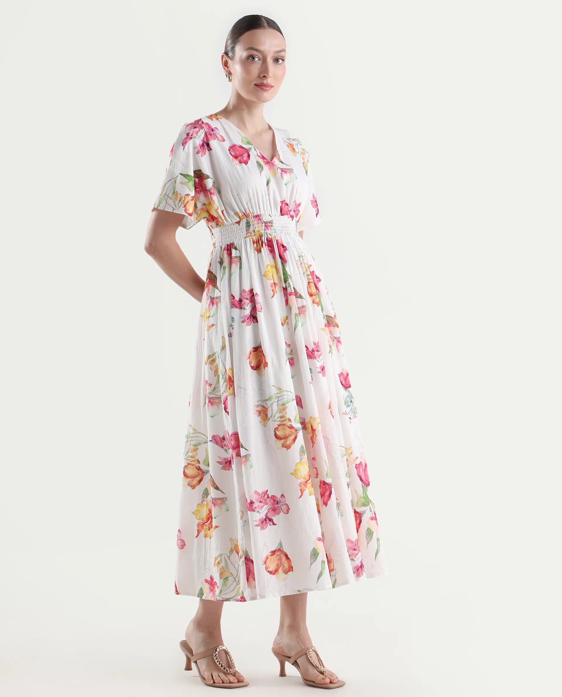 Rareism Women's Curie White Cotton Half Sleeve Fit And Flare Floral Print Dress