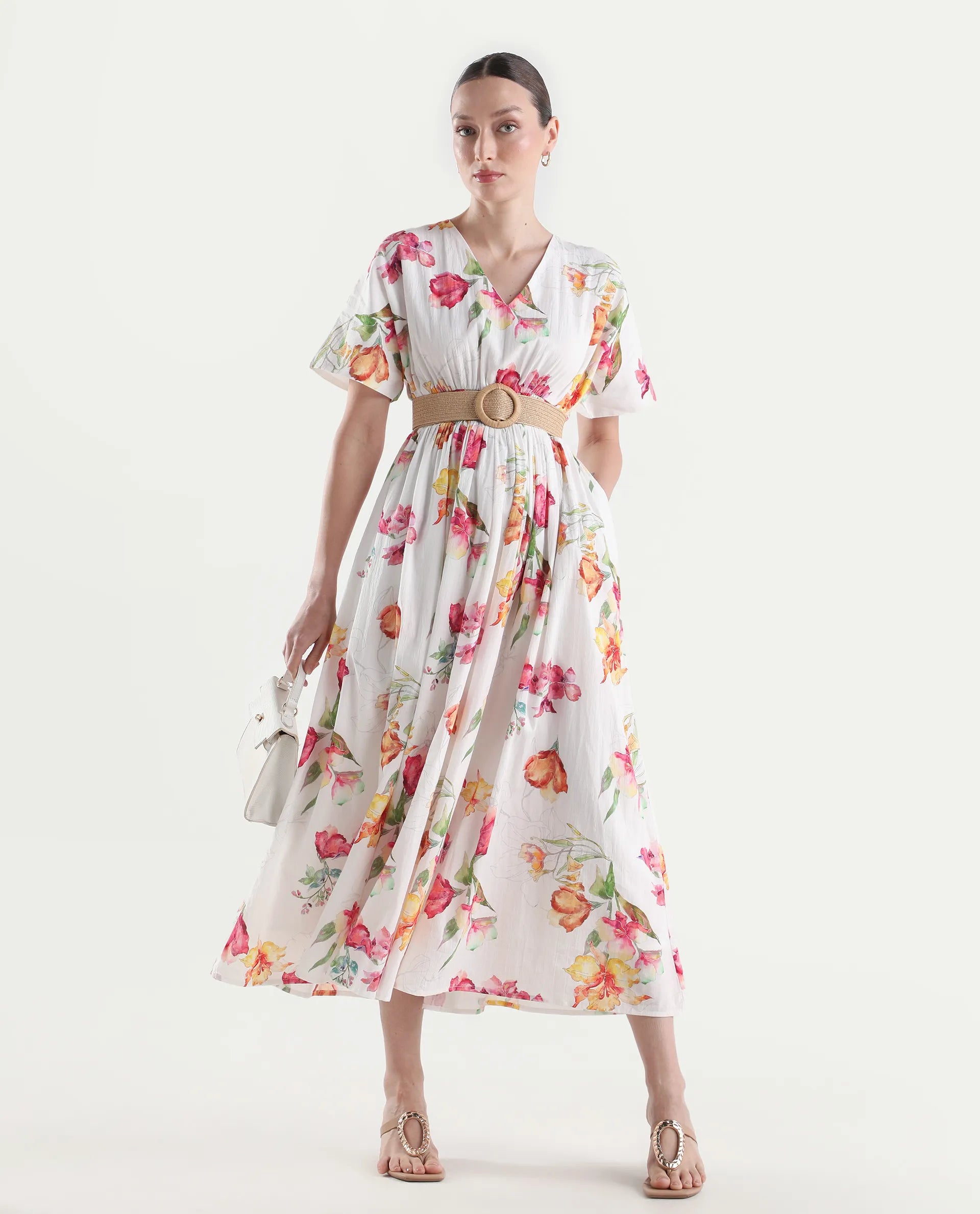 Rareism Women's Curie White Cotton Half Sleeve Fit And Flare Floral Print Dress