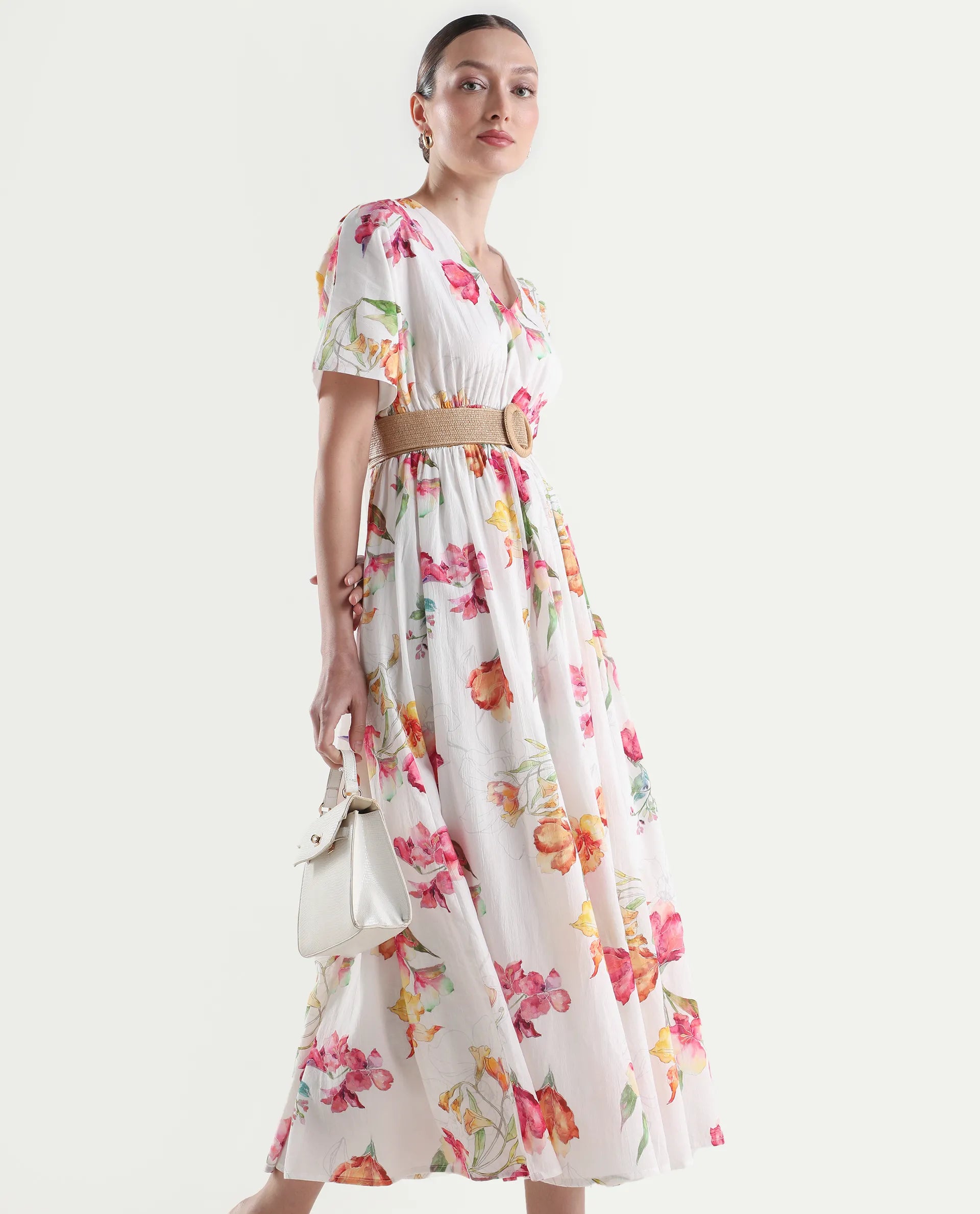 Rareism Women's Curie White Cotton Half Sleeve Fit And Flare Floral Print Dress