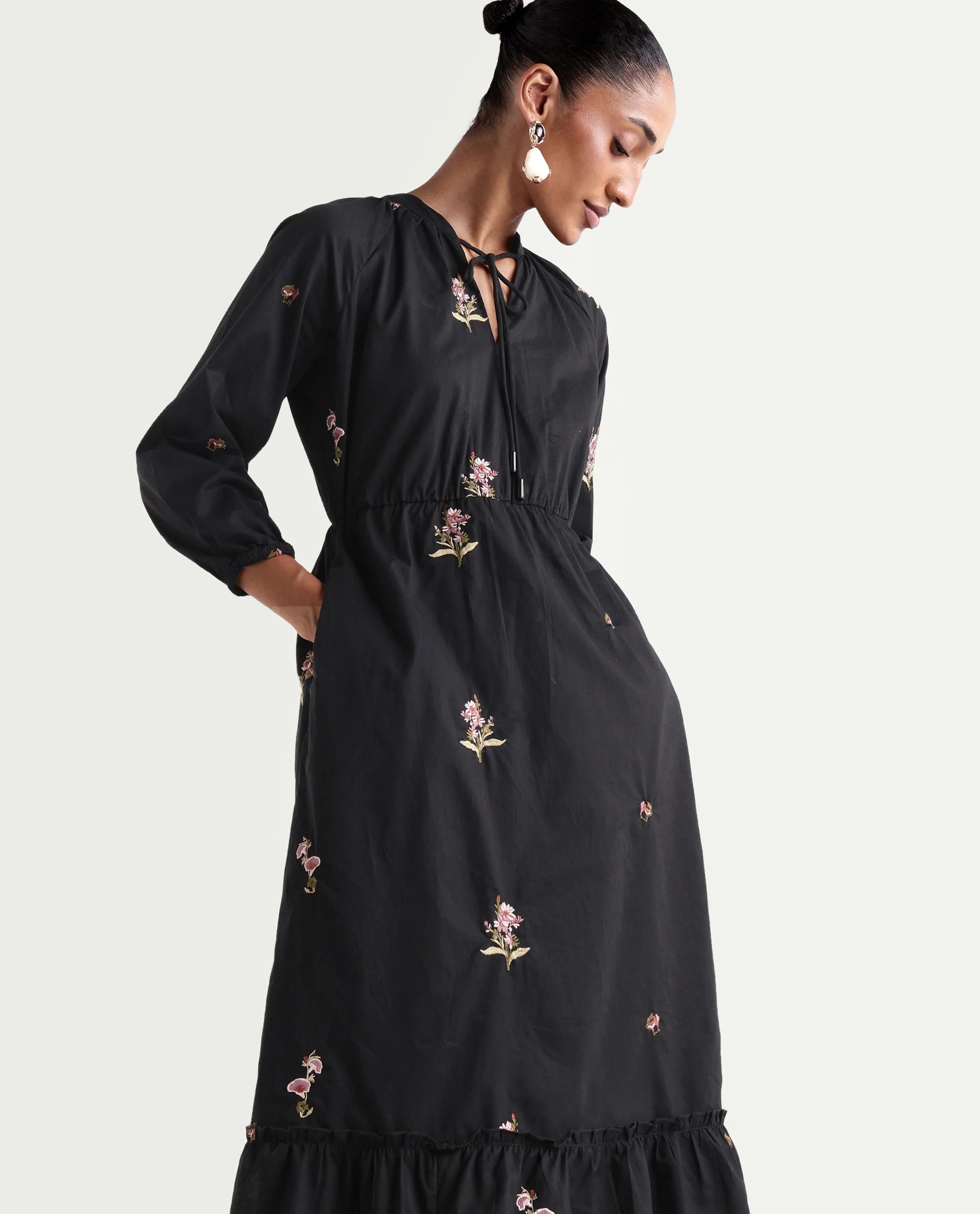 Rareism Women's Cyndin Black Viscose Blend Tie-Up Fit And Flare Plain Dress