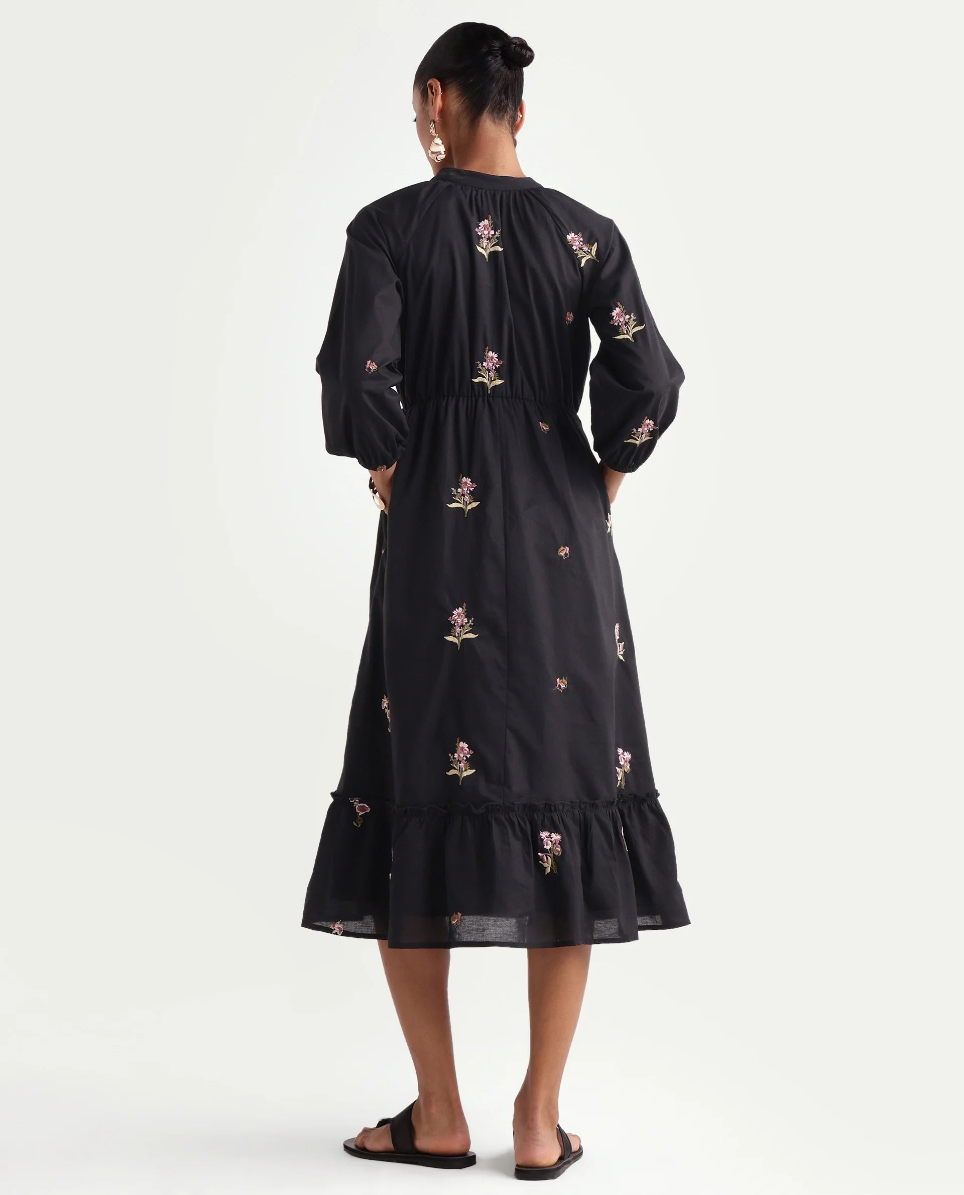 Rareism Women's Cyndin Black Viscose Blend Tie-Up Fit And Flare Plain Dress