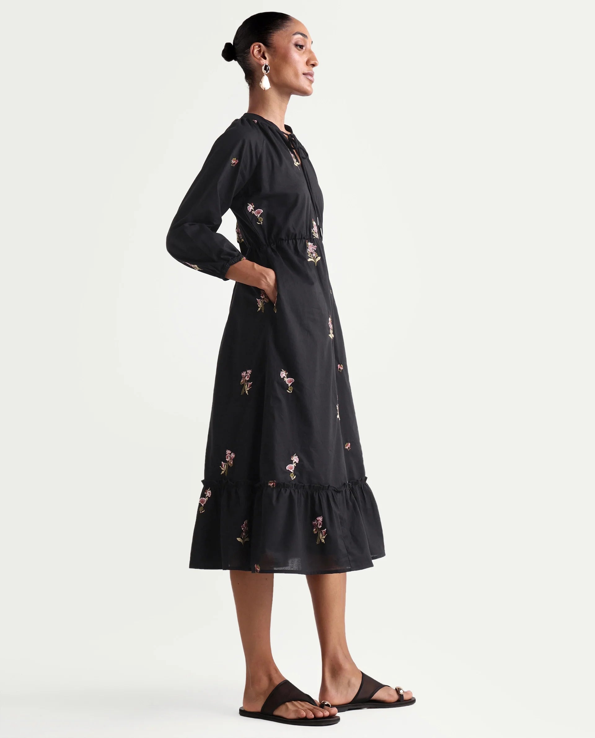 Rareism Women's Cyndin Black Viscose Blend Tie-Up Fit And Flare Plain Dress