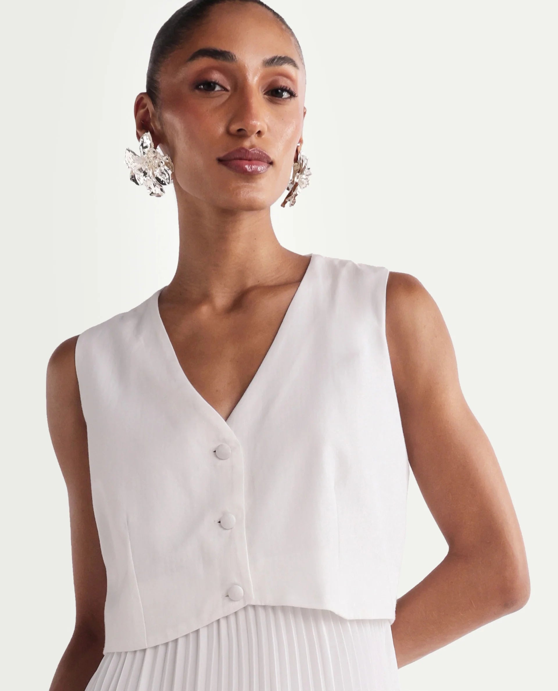 Rareism Women's Mace Off White Cotton Blend Sleeveless V-Neck A-Line Dress