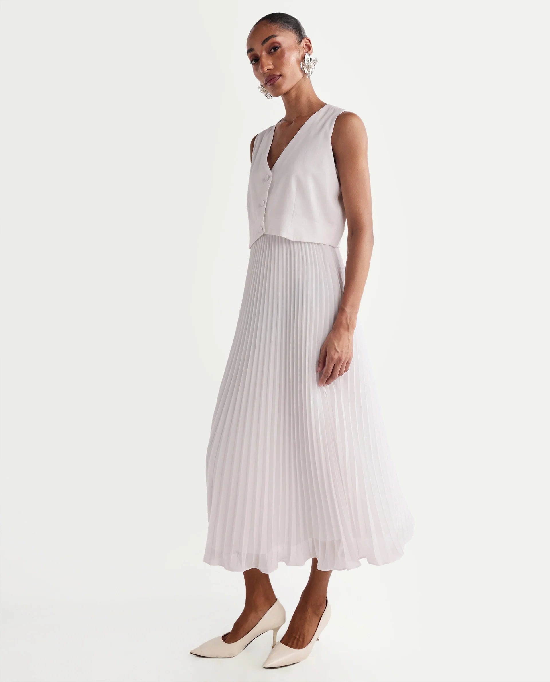Rareism Women's Mace Off White Cotton Blend Sleeveless V-Neck A-Line Dress