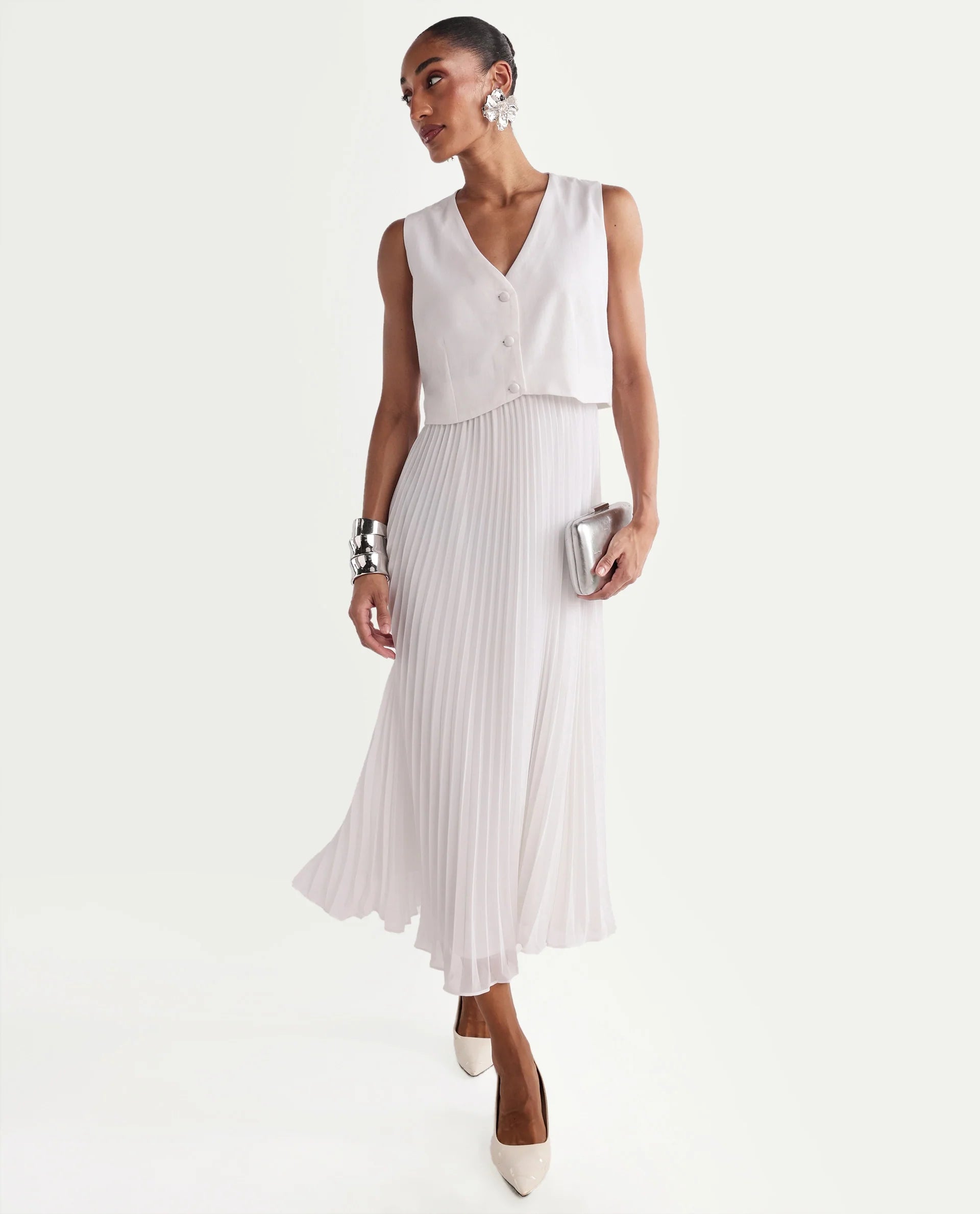 Rareism Women's Mace Off White Cotton Blend Sleeveless V-Neck A-Line Dress
