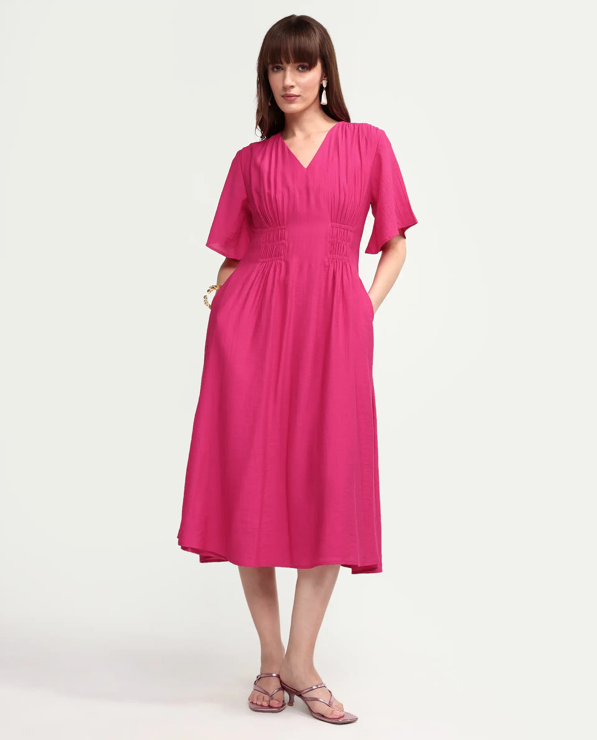 Rareism Women's Macro Pink Viscose Half Sleeve V-Neck Flared Dress
