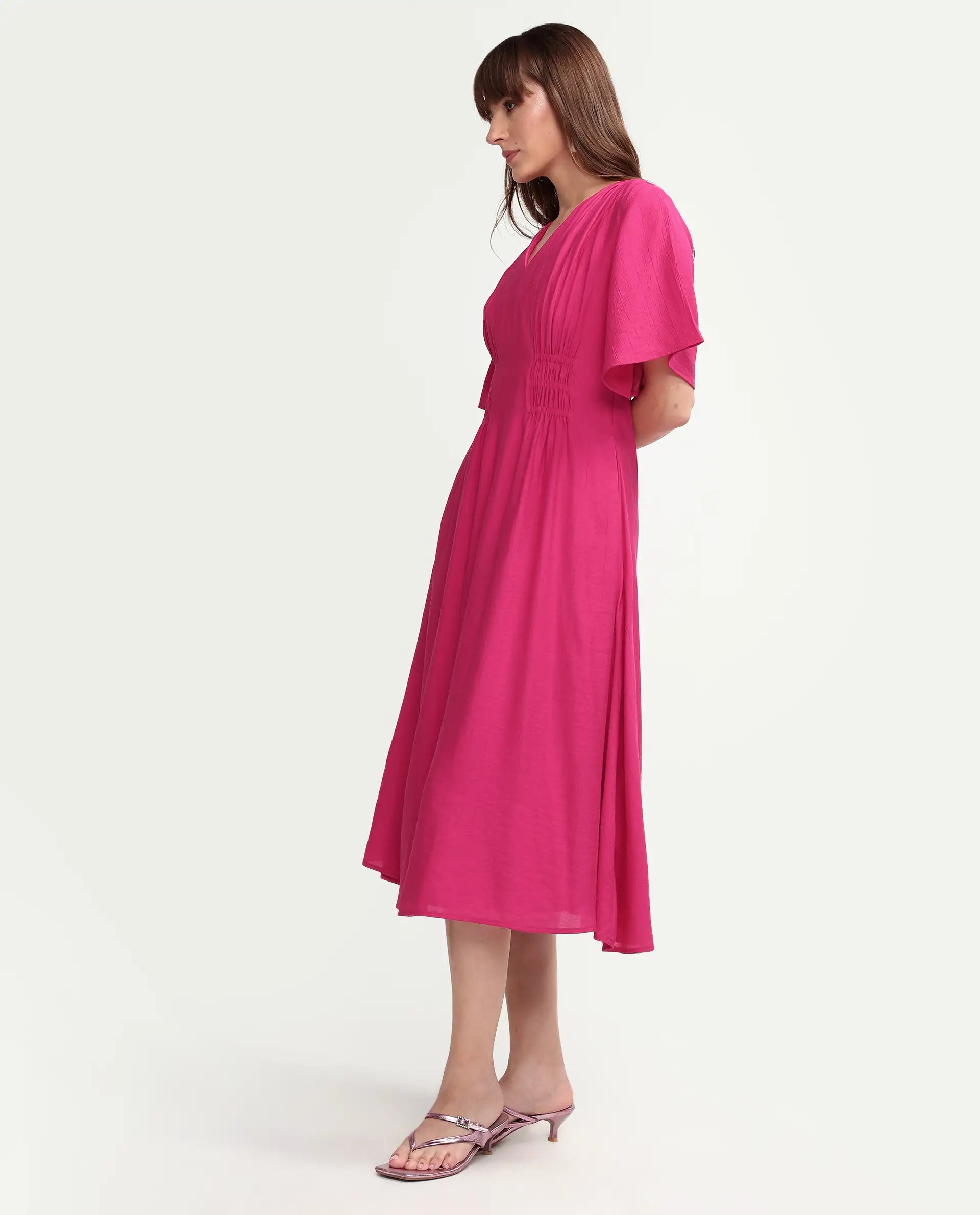 Rareism Women's Macro Pink Viscose Half Sleeve V-Neck Flared Dress