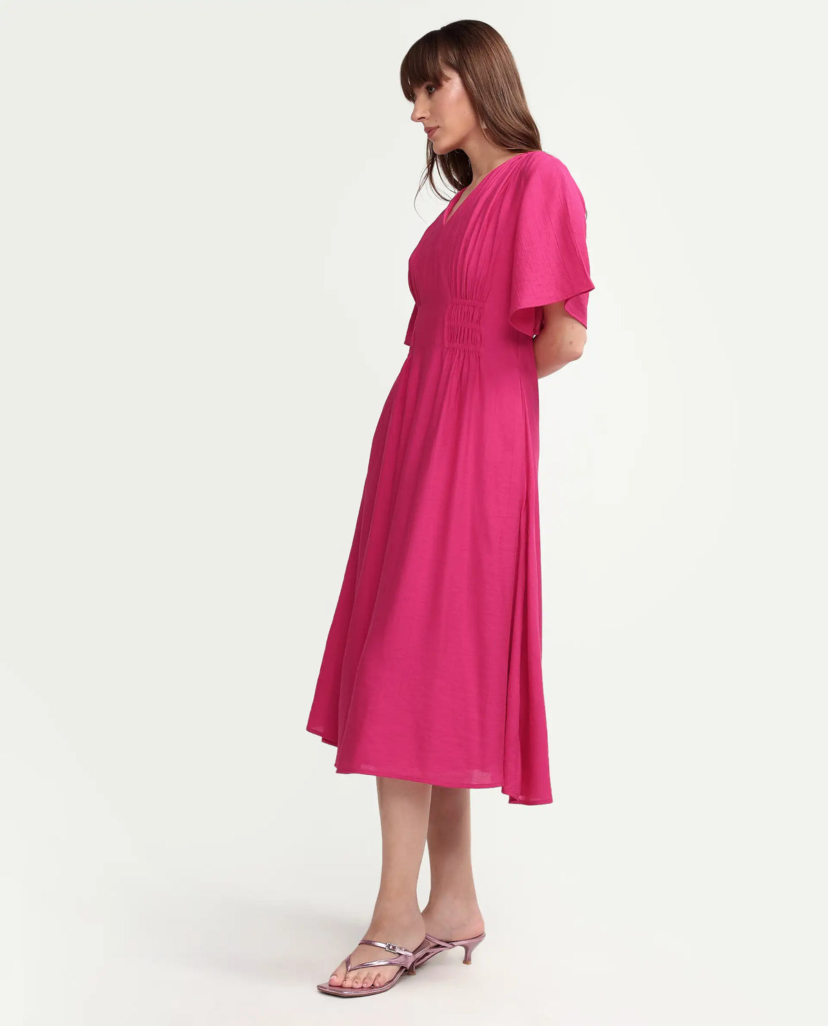 Rareism Women's Macro Pink Viscose Half Sleeve V-Neck Flared Dress