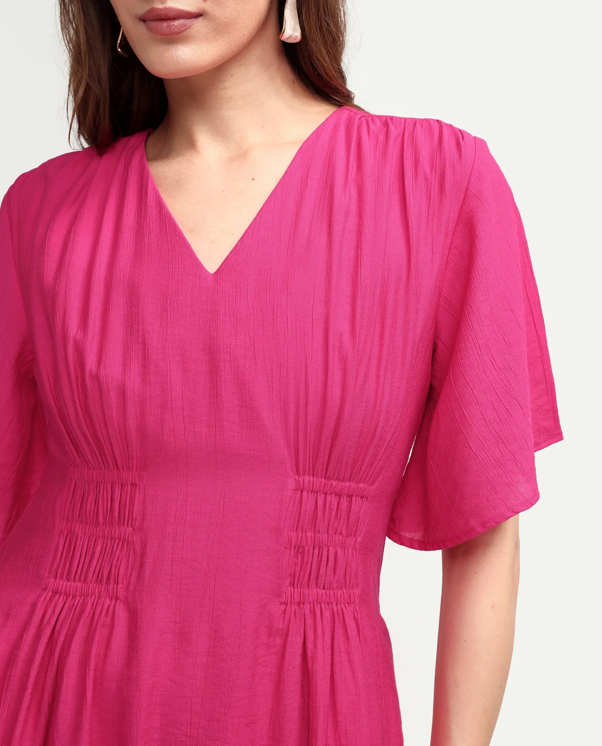 Rareism Women's Macro Pink Viscose Half Sleeve V-Neck Flared Dress