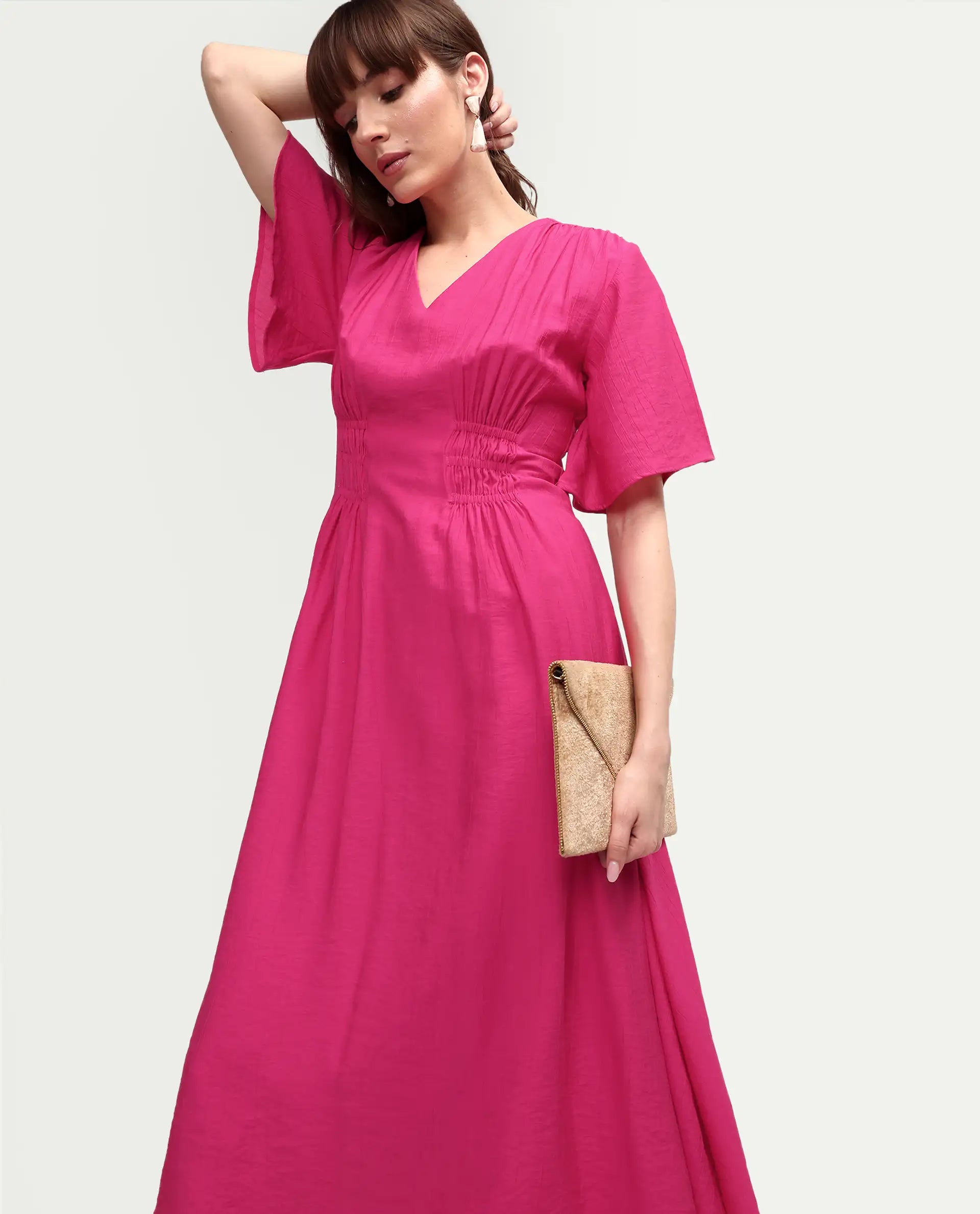 Rareism Women's Macro Pink Viscose Half Sleeve V-Neck Flared Dress
