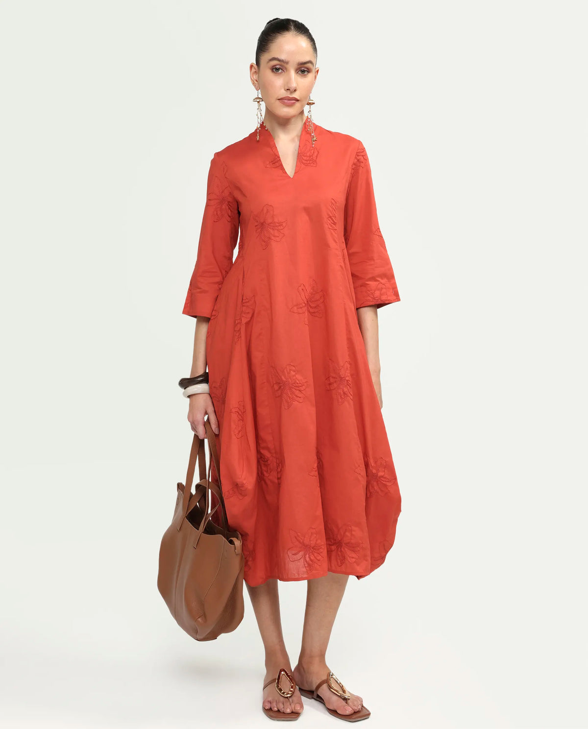 Rareism Women's Marky Rust Cotton 3/4Th Sleeve V-Neck Relaxed Embroidered Dress