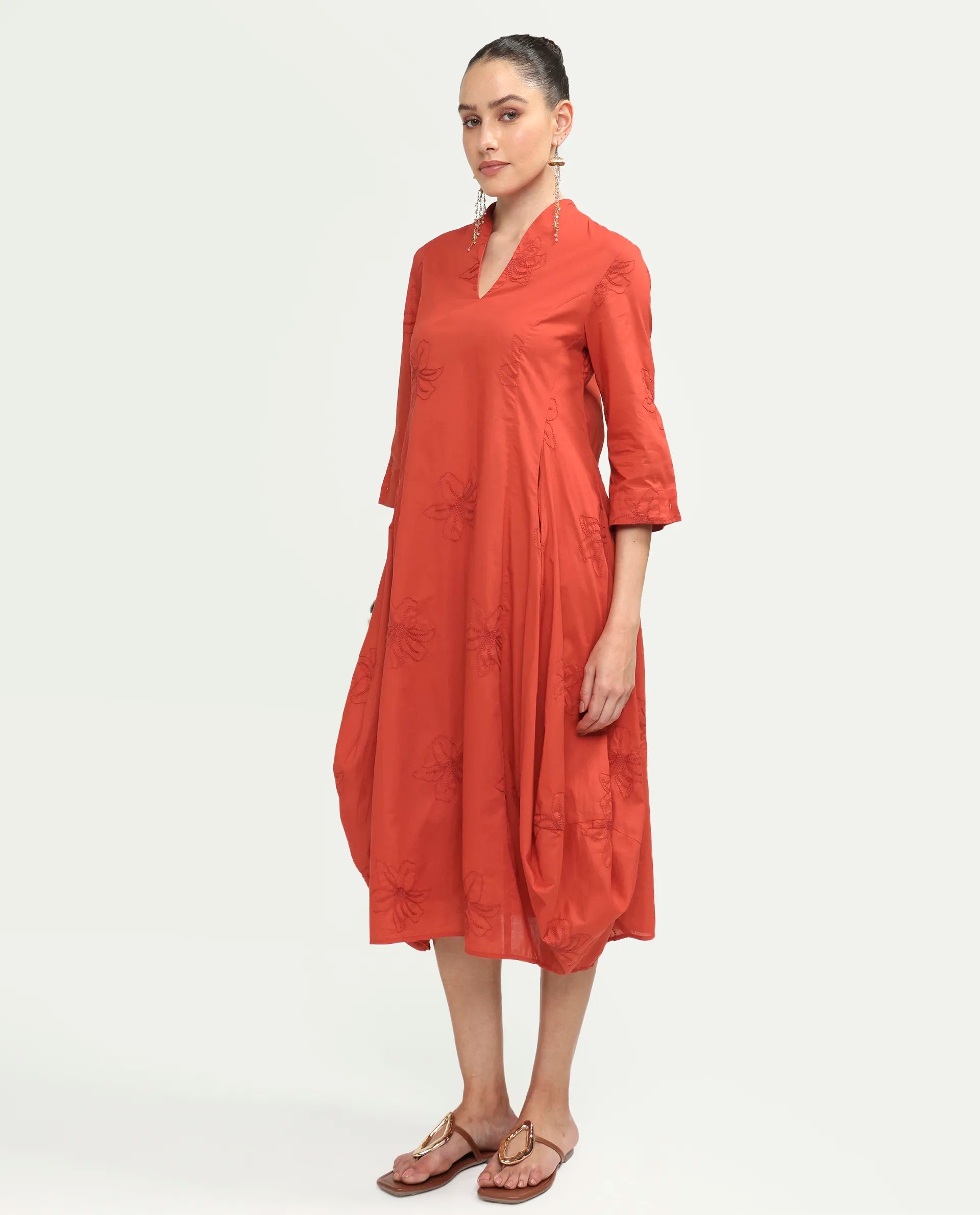 Rareism Women's Marky Rust Cotton Blend 3/4Th Sleeve V-Neck Relaxed Embroidered Dress