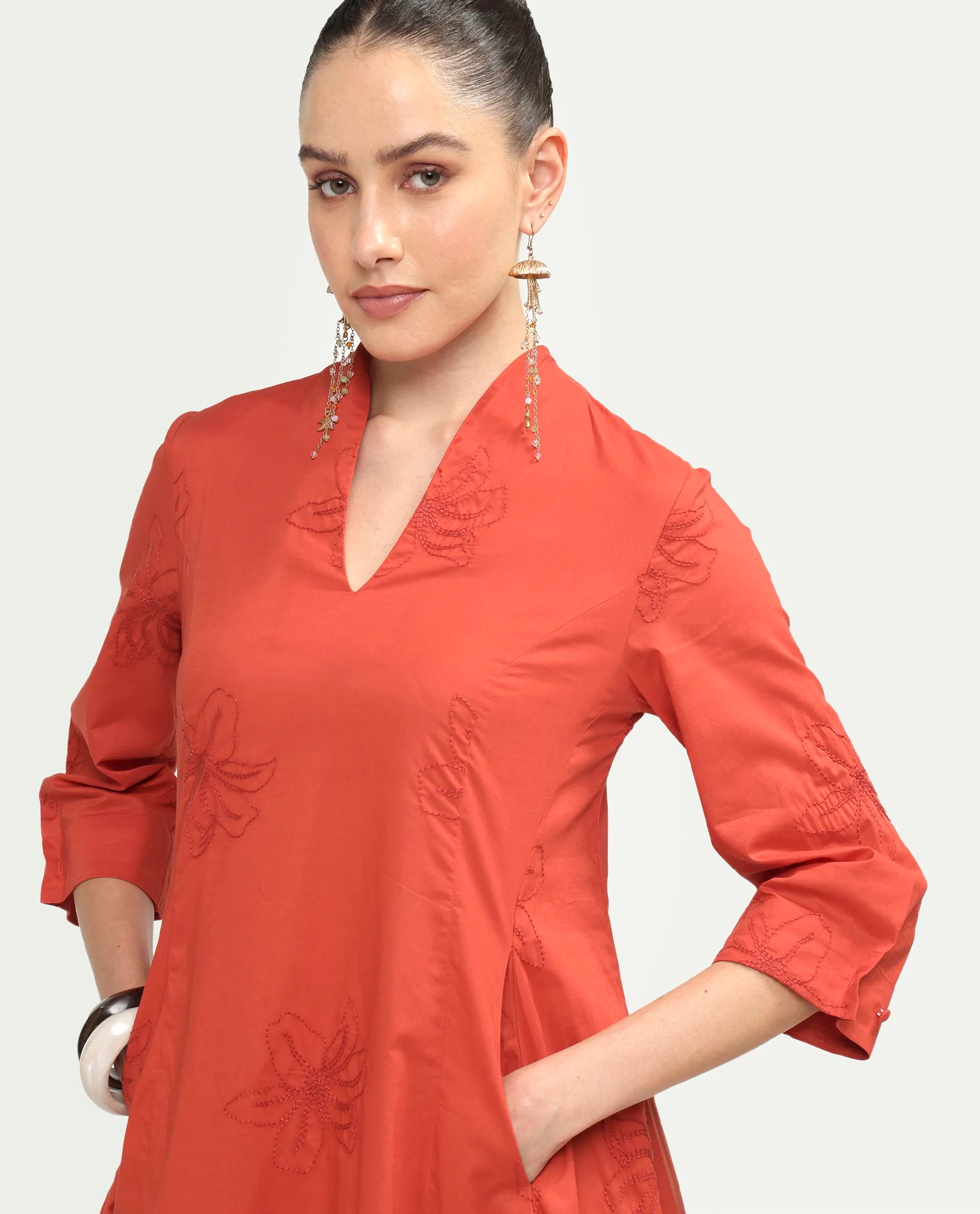 Rareism Women's Marky Rust Cotton Blend 3/4Th Sleeve V-Neck Relaxed Embroidered Dress