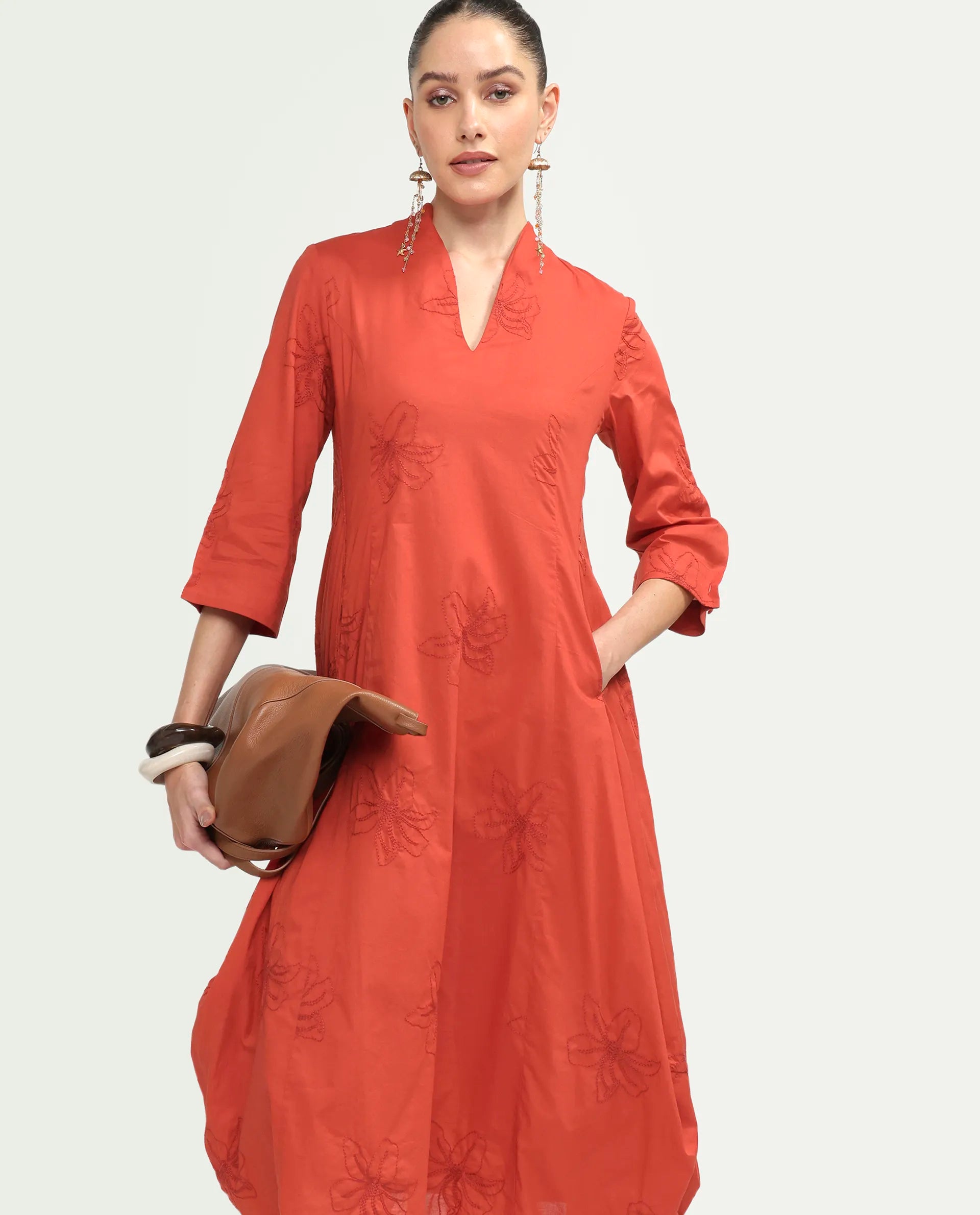 Rareism Women's Marky Rust Cotton Blend 3/4Th Sleeve V-Neck Relaxed Embroidered Dress