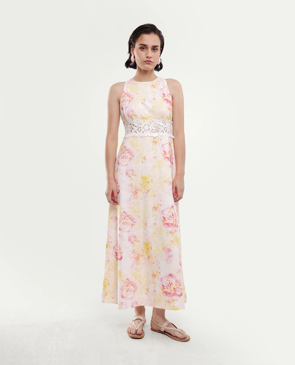 Rareism Women's Mavi Multi Cotton Sleeveless Crew Neck A-Line Floral Print Dress