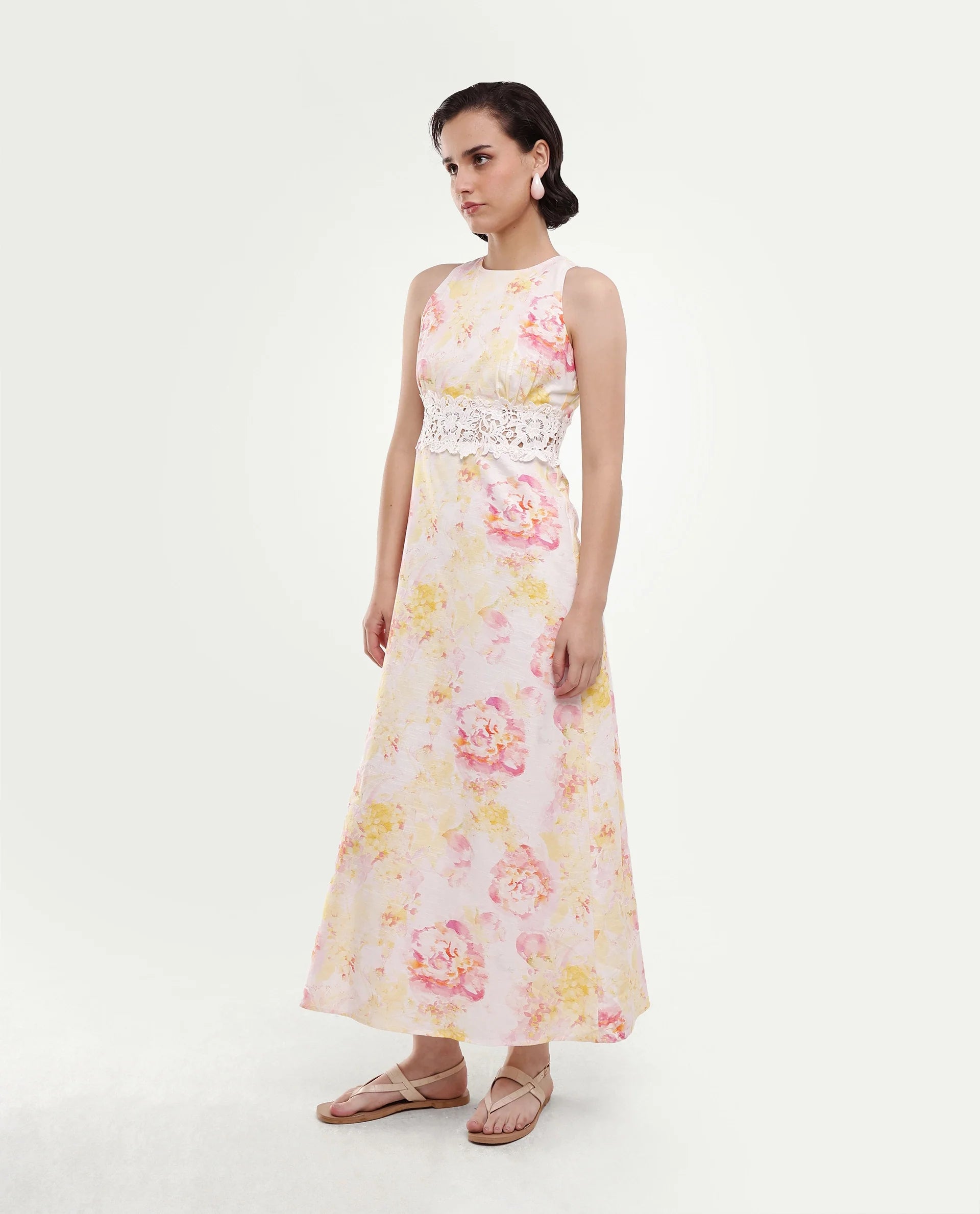 Rareism Women's Mavi Multi Cotton Sleeveless Crew Neck A-Line Floral Print Dress