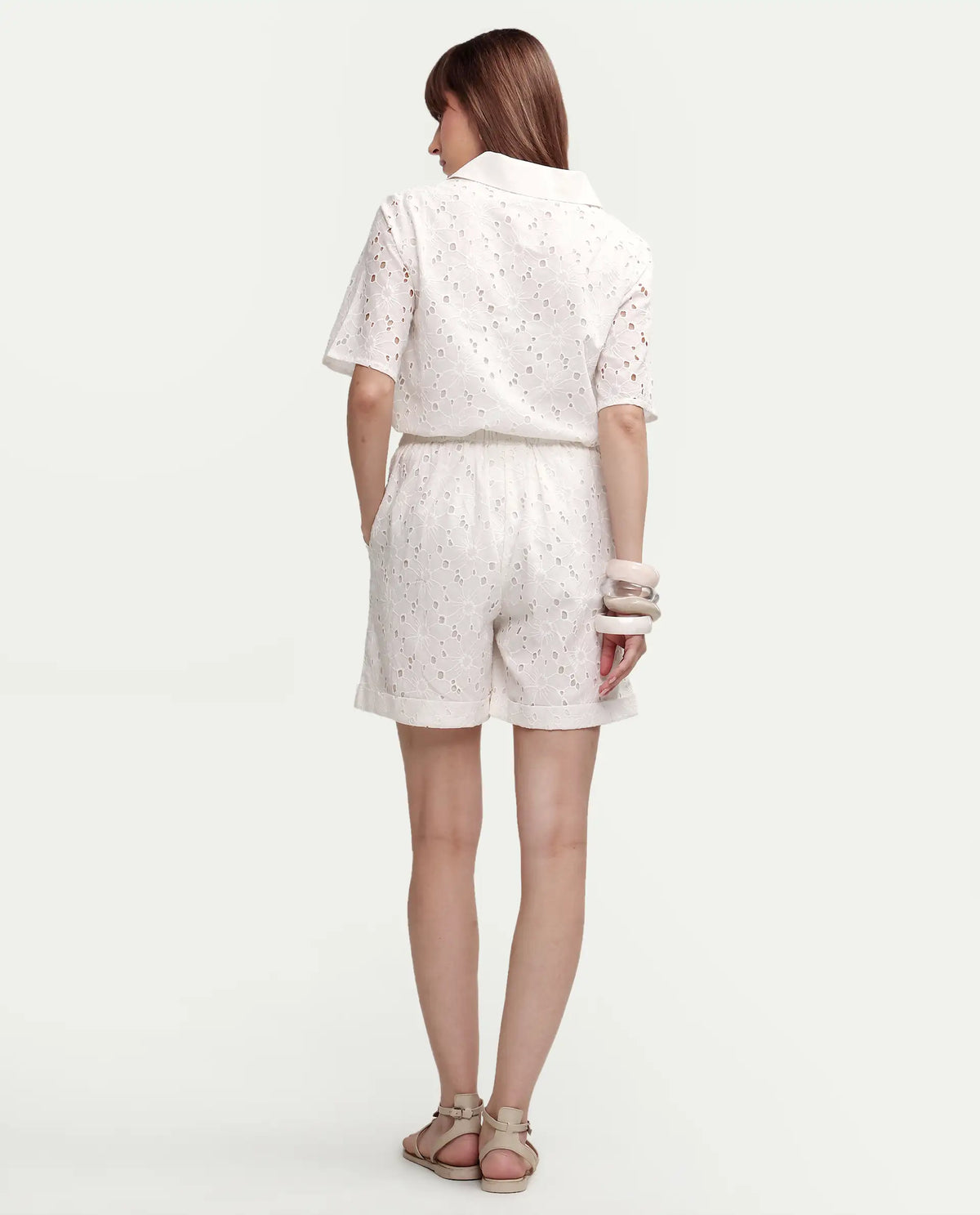Rareism Women's Mazi-B Off White Cotton Regular Schiffli Shorts