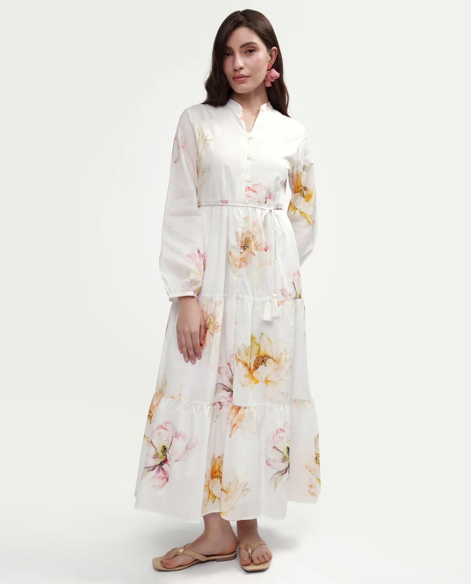Rareism Women's Mehik Off White Cotton Full Sleeve Mandarin Collar Tiered Floral Print Dress