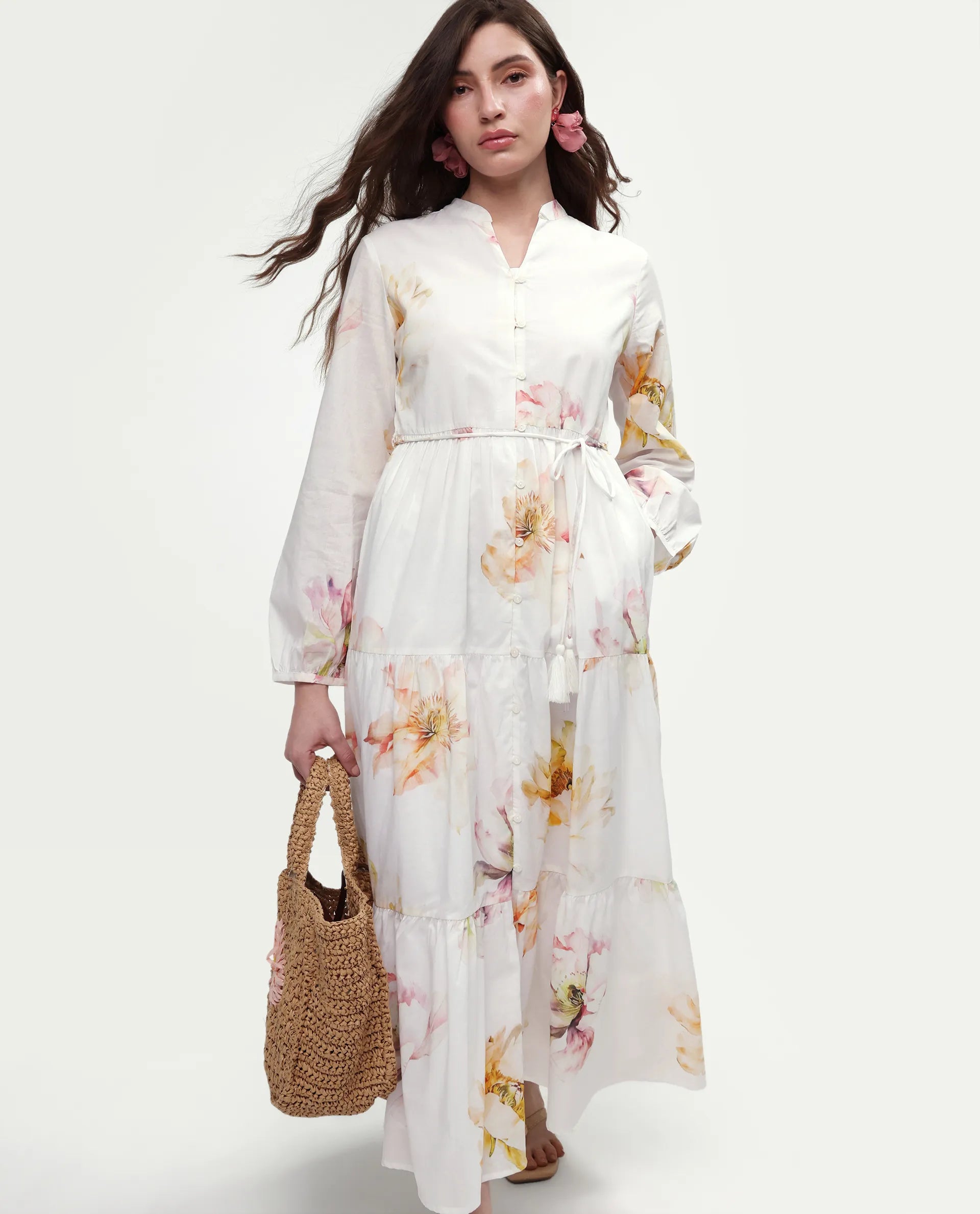 Rareism Women's Mehik Off White Cotton Full Sleeve Mandarin Collar Tiered Floral Print Dress