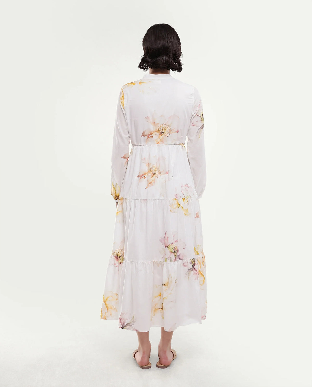 Rareism Women's Mehik Off White Cotton Full Sleeve Mandarin Collar Tiered Floral Print Dress