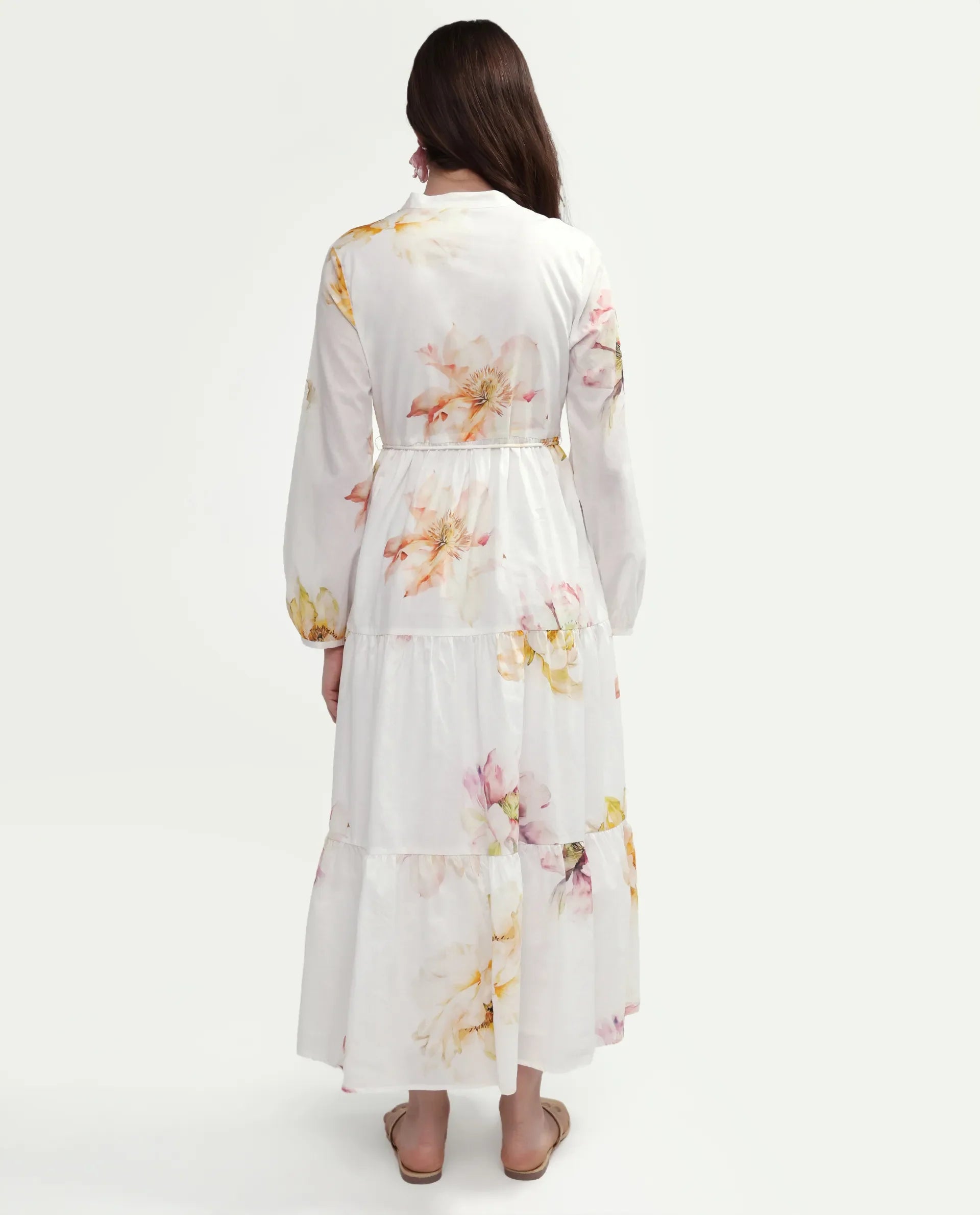 Rareism Women's Mehik Off White Cotton Full Sleeve Mandarin Collar Tiered Floral Print Dress