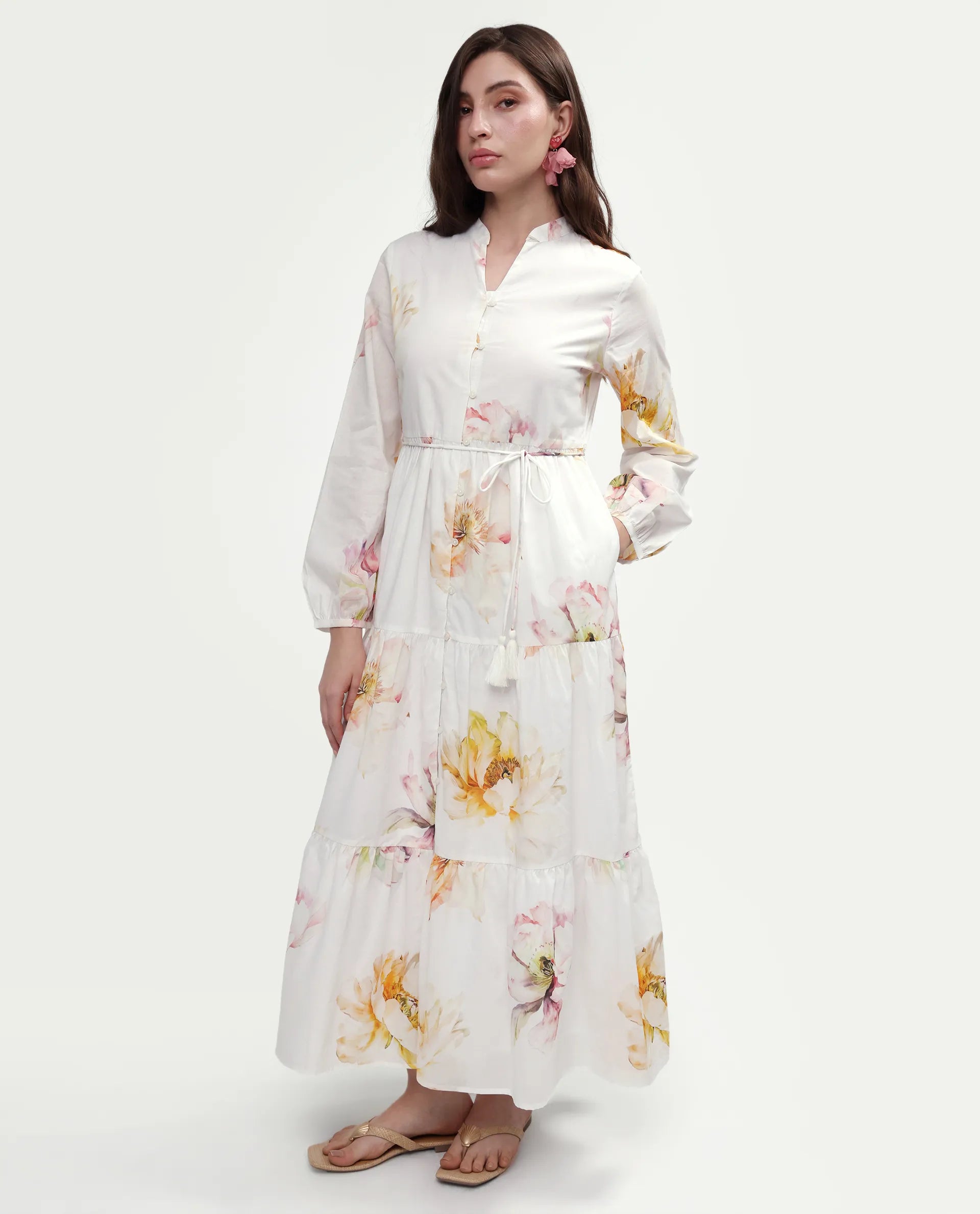 Rareism Women's Mehik Off White Cotton Full Sleeve Mandarin Collar Tiered Floral Print Dress