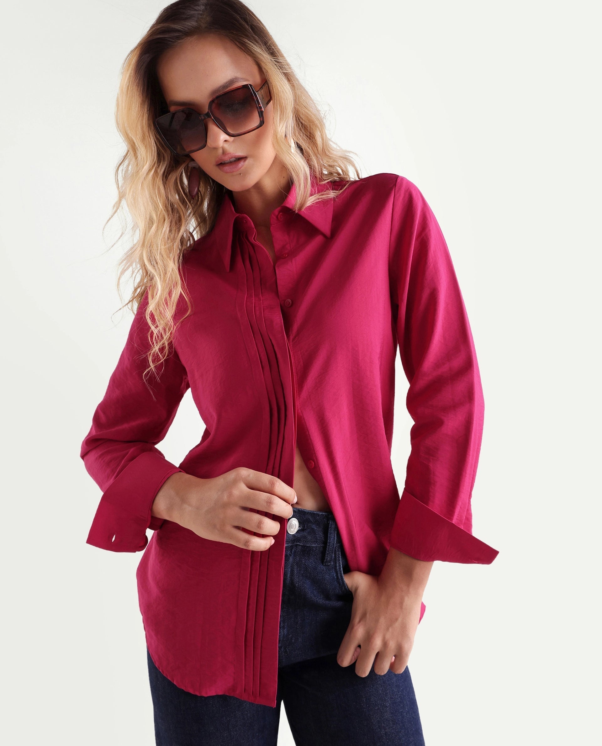 Rareism Women's Mibo Pink Plain Viscose Regular Full Sleeve Shirt