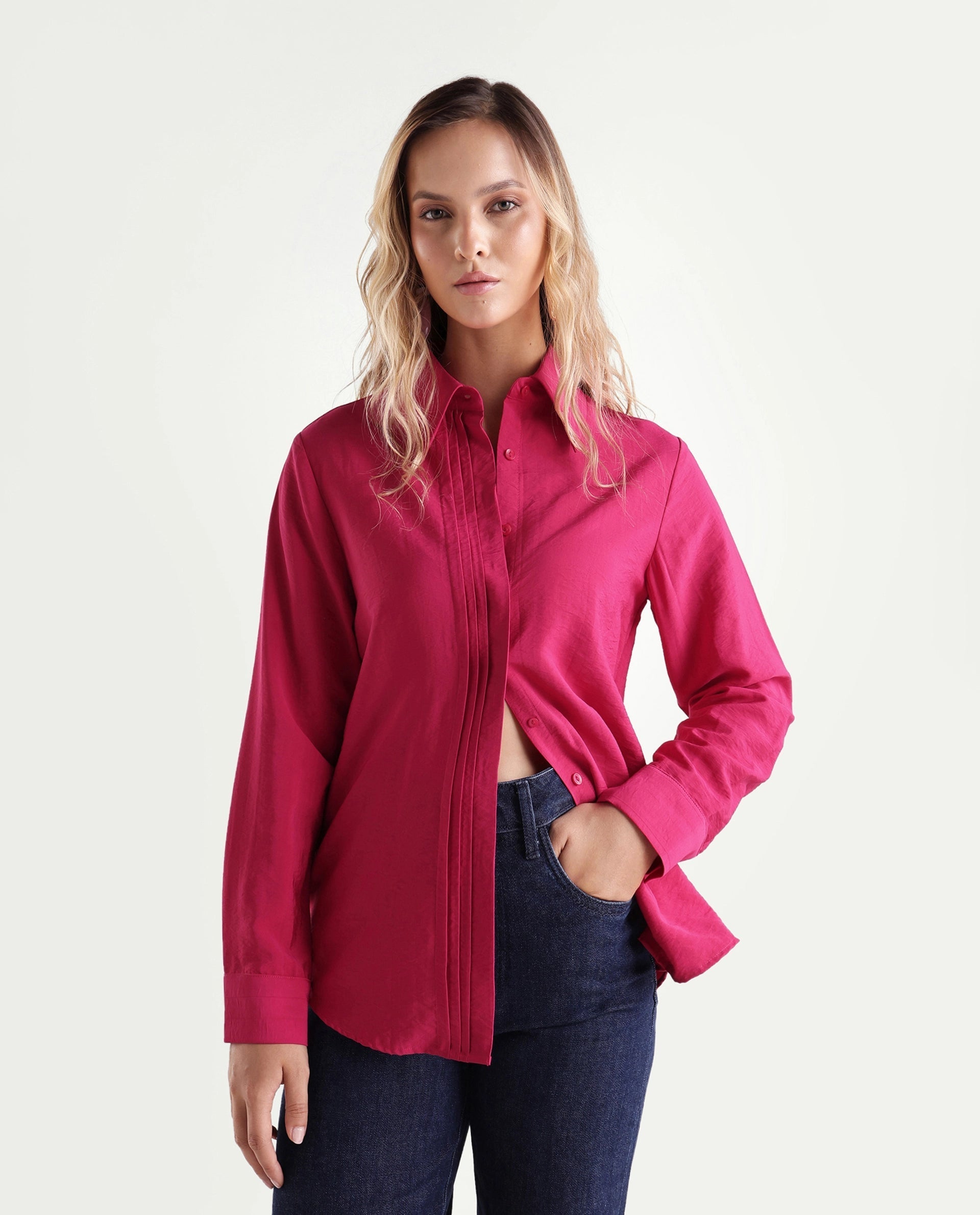 Rareism Women's Mibo Pink Plain Viscose Regular Full Sleeve Shirt