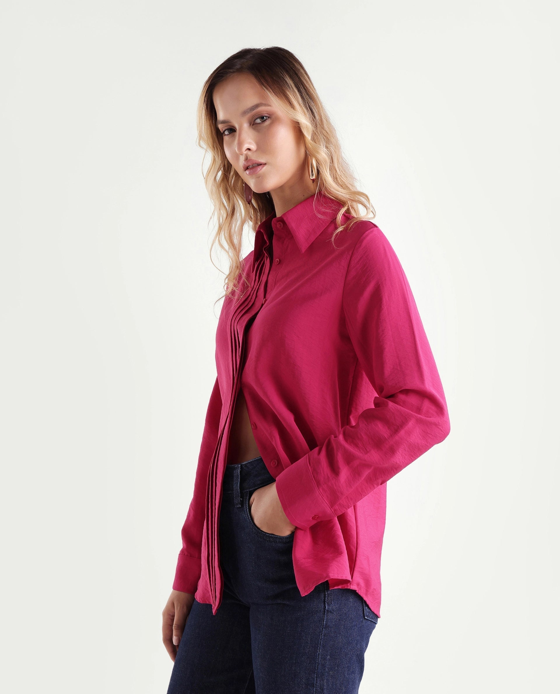 Rareism Women's Mibo Pink Plain Viscose Regular Full Sleeve Shirt